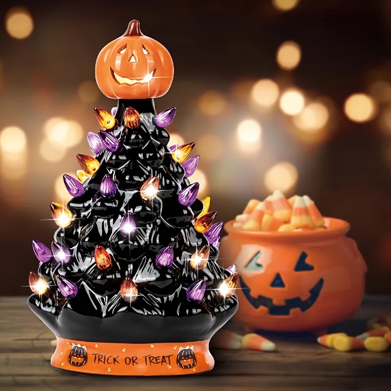 2025 Best Christmas Tree - Ceramic Tree for Halloween/Christmas Decoration Orange Pumpkin Head - Trick Or Treat- LED Light Up, Battery not Included - Christmas/Halloween Gift