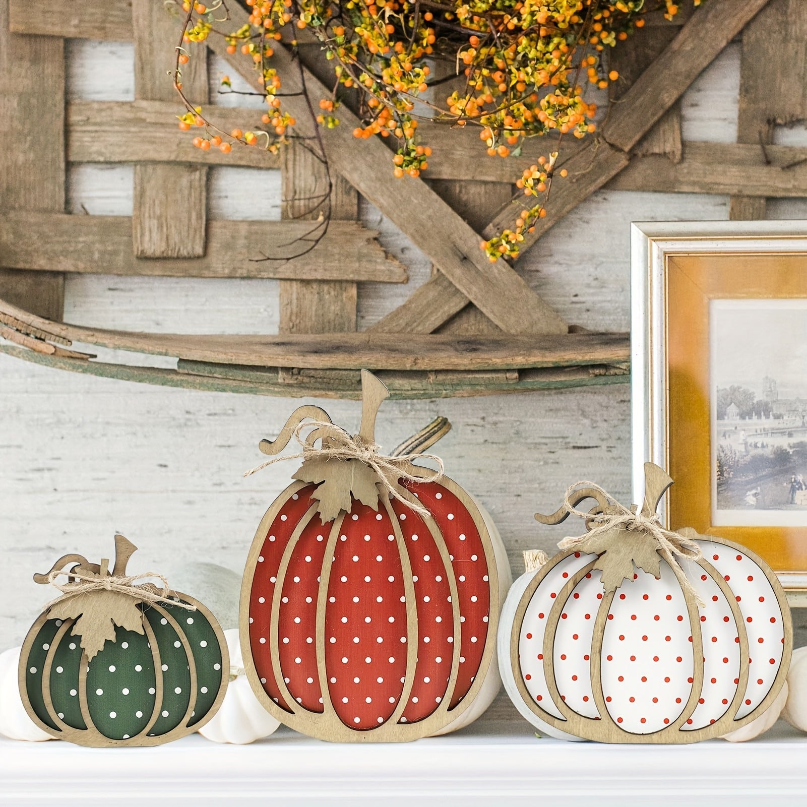 Rustic Farmhouse Wooden Polka Dot Pumpkin Trays - Multi-Size Artificial Wood Decor with Twine Rope Handles, White with Red Dots for Thanksgiving Harvest Season Home & Party Table Decorations, Thanksgiving Table Decor, Festive