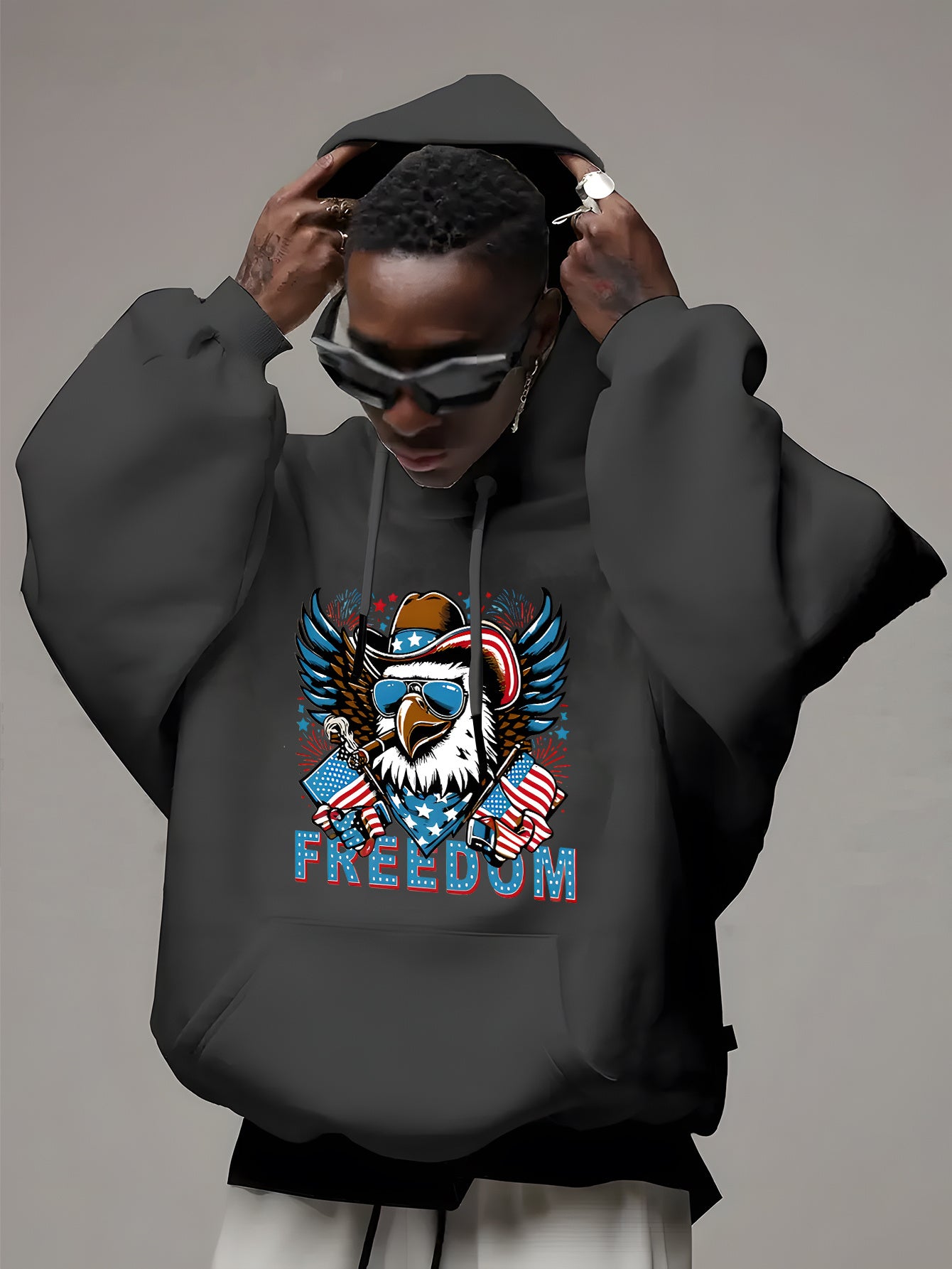 FREEDOM Printed Hooded Sweatshirt with Kangaroo Pocket And Plush Casual Long Sleeved Hooded Sweatshirt, Suitable for Outdoor Use