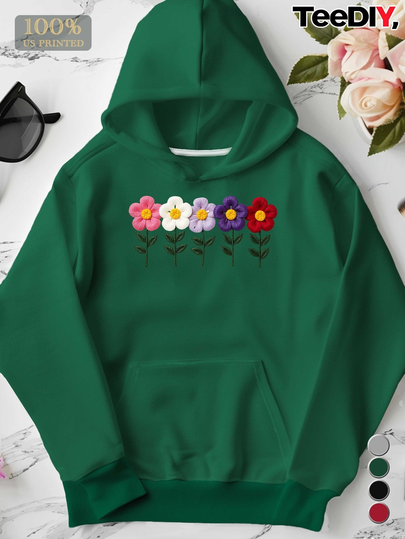 Embroidered Colorful Flowers Row Women'S Plus Size Hoodies