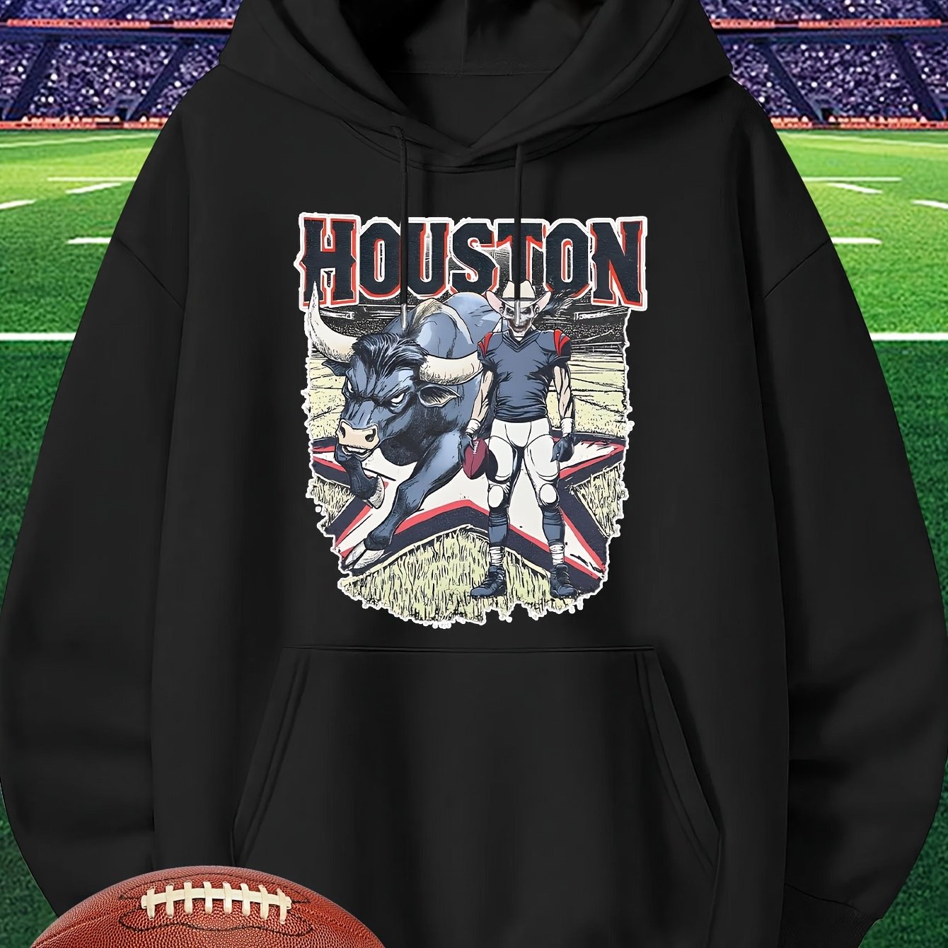 Men's Houston Football Hoodie - Red Long Sleeve Sweatshirt with Cartoon Player Design, Casual Pullover for Fans, Lightweight 280g, Perfect for Game Day or Casual Attire