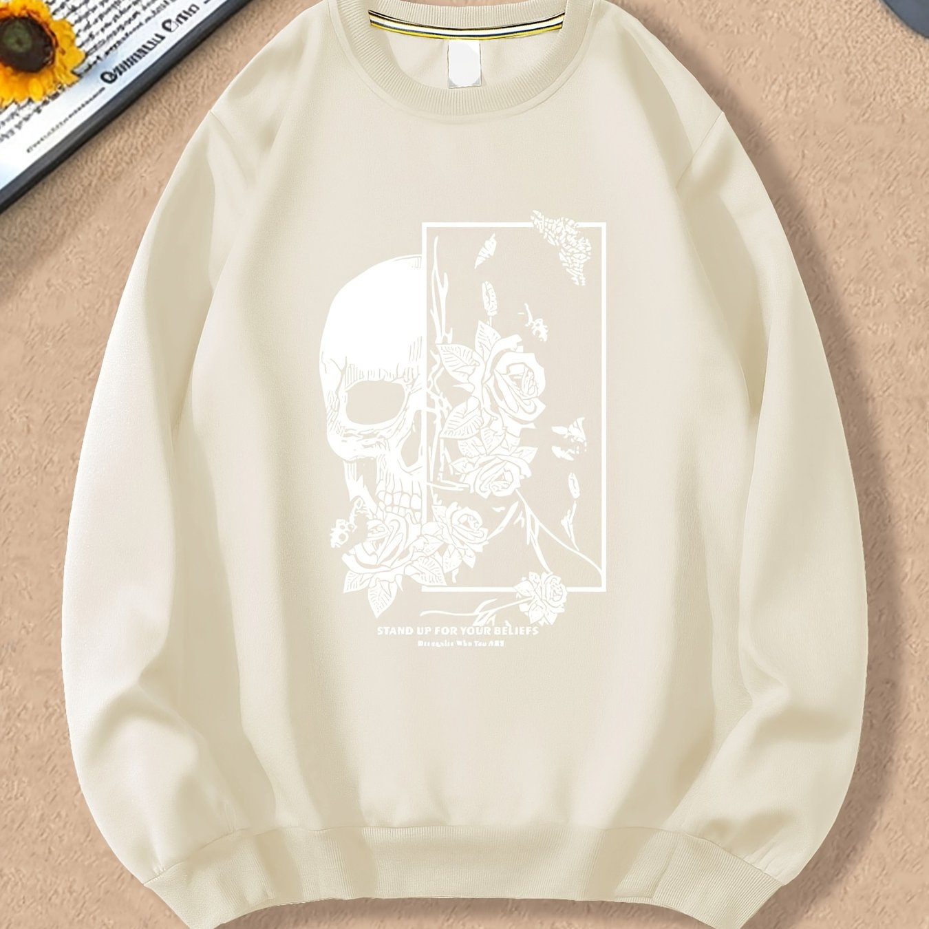 Spring And Autumn, Men'S Fashion Crew Neck Sweater, Skull Rose Letter Print Pattern, Outdoor Wear Inside And Outside With The Same Crew Neck Sweater For Men And Women