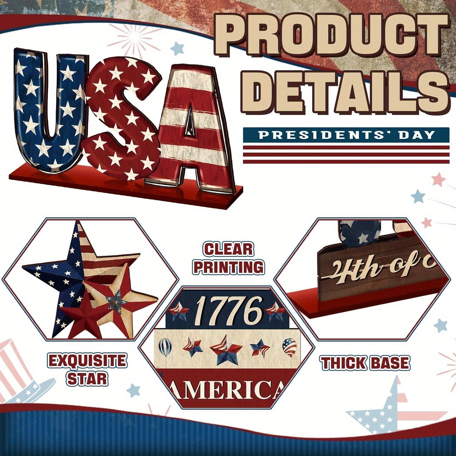 Anniversary and 4th of July Wooden Desktop Decor- Patriotic Country Style Centerpiece, Including Star, Stripe Patterns& Uncle Sam& 1776 Designs, Natural Wood Tiered Tray for Home Office Kitchen Shelf Decoration, Star-Shaped A