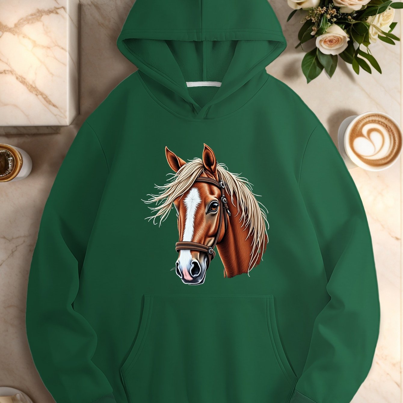 Plus Size Women'S Hoodie with Embroidered Horse Head & Harness Design - Cozy Long Sleeve Pullover with Pockets, Black Casual Fall/Winter Top, Oversized Hoodie