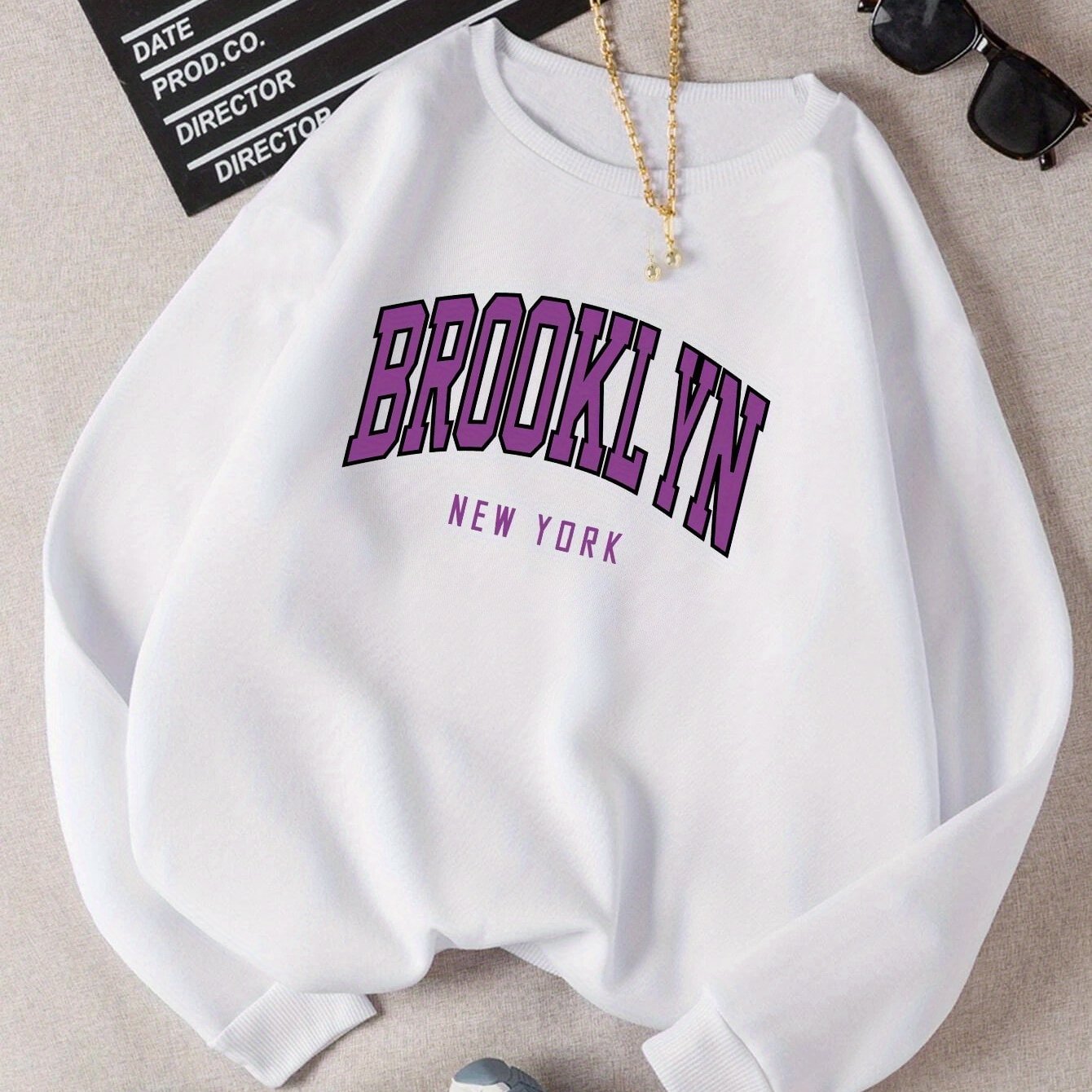 Women's Brooklyn New York Letter Print Sweater - Casual White Crew Neck Knit Jumper, Polyester Blend, Perfect for Fall and Winter Fashion