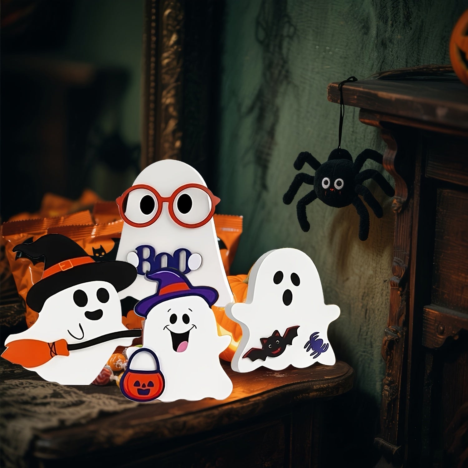 Cute Halloween Decorations Indoor - Halloween Decor/ Decor, 4pcs Wooden Halloween Signs for Table, Office Desk, Tiered Tray, Fireplace Mantle - Spooky Halloween Decorations