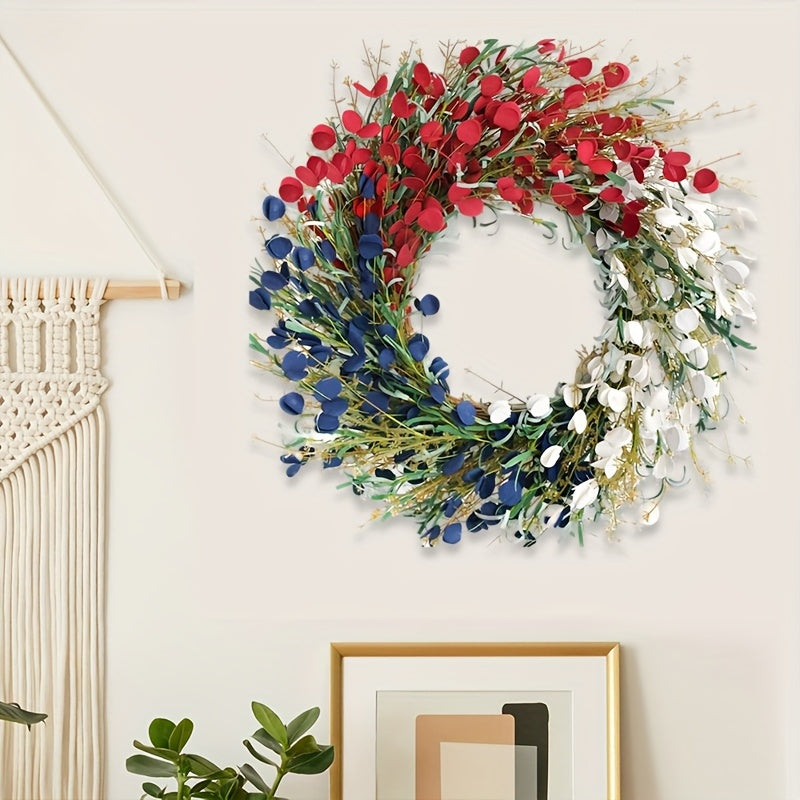 22-inch American Flag Wreath, Patriotic Decor Wreath, Red White And Blue Artificial Floral Stems Wreath. Perfect for 4th Of July Independence Day, Memorial Day, And Flag Day Decorations. This Handcrafted Memorial Day Home Dec