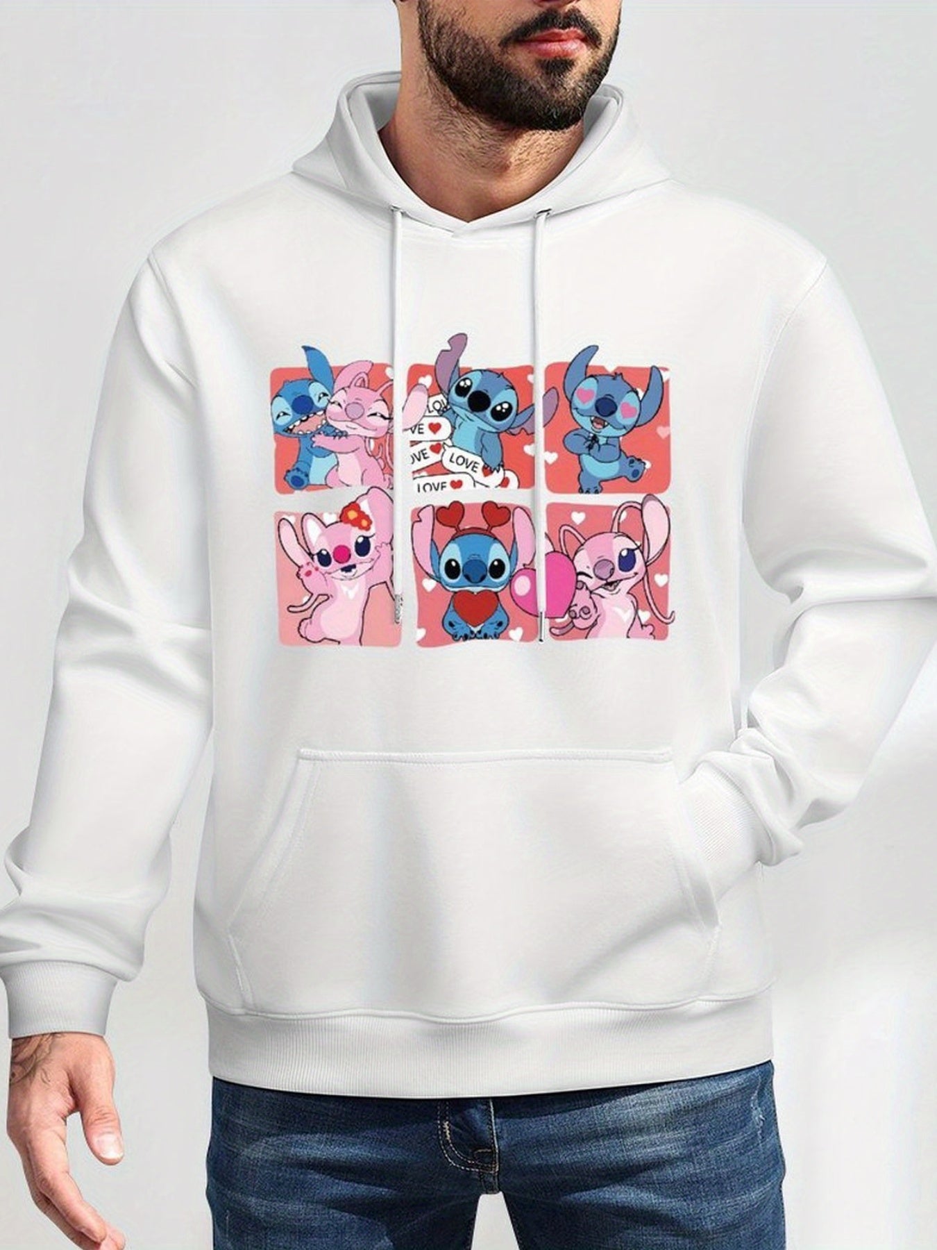 Disney Men's Black Retro Pullover Hoodie with Stitch & Angel Valentine's Digital Print, Soft Regular Fit Casual Sweatshirt, Machine Washable, Front Pocket, Disney Friends Graphic Design, Disney Hoodie, Durable Comfort Wear