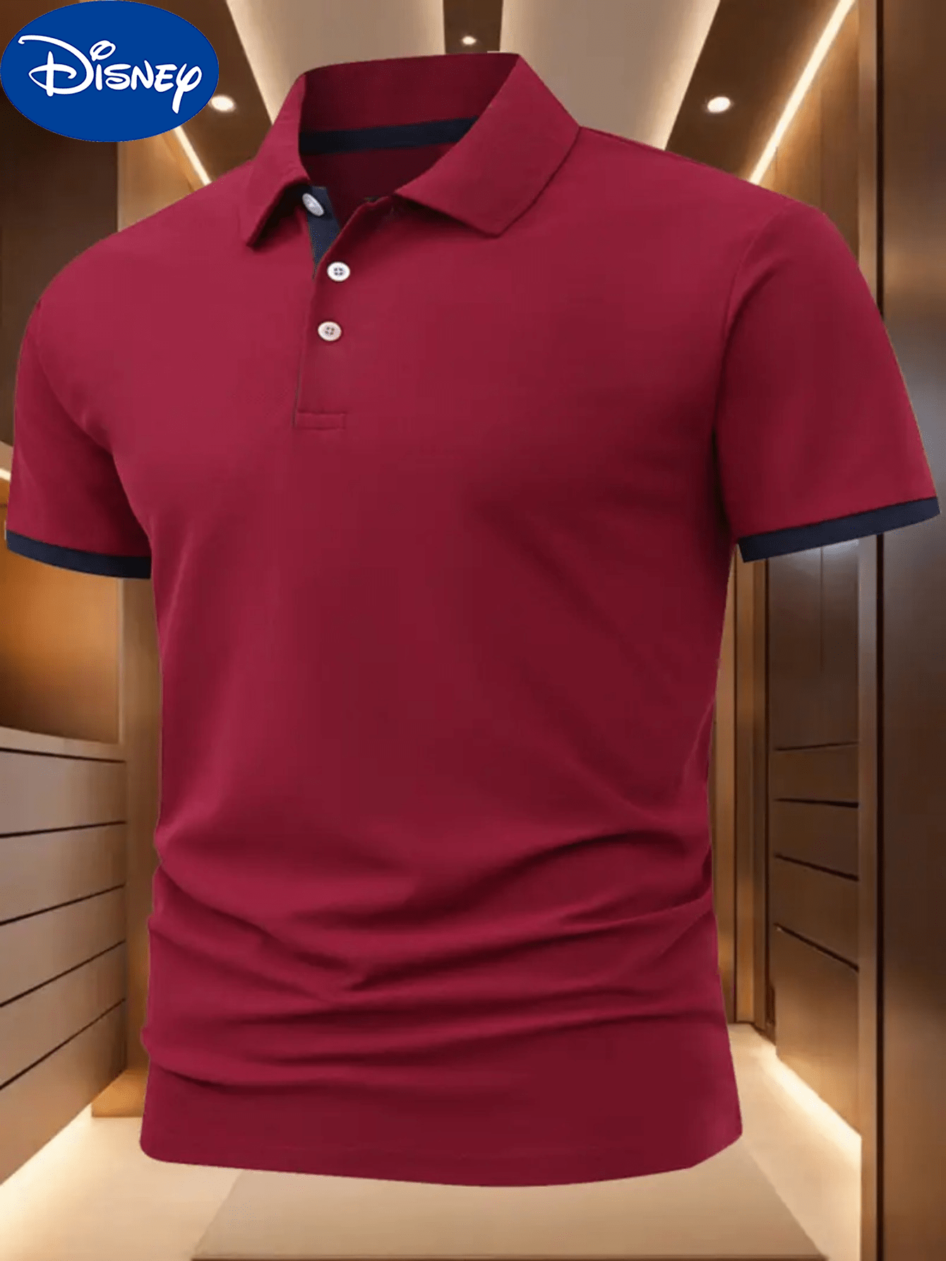 Disney Minnie Mouse Bow Print Men's Shirt - Maroon & Navy Color Block Collar & Cuffs, Lightweight Quick-Dry Polyester, Breathable Golf & Tennis Shirt, Business Casual Summer Top, Machine Washable Gift for Him, Breathable Poly