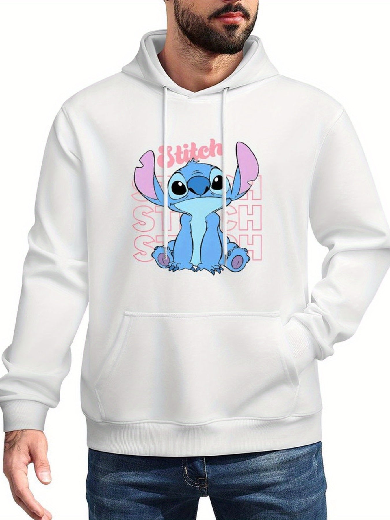 Disney Men'S Black Retro Pullover Hoodie with Stitch Cartoon Character Disney Friends Digital Print, Soft Regular Fit Casual Sweatshirt, Machine Washable, Disney Sweatshirt