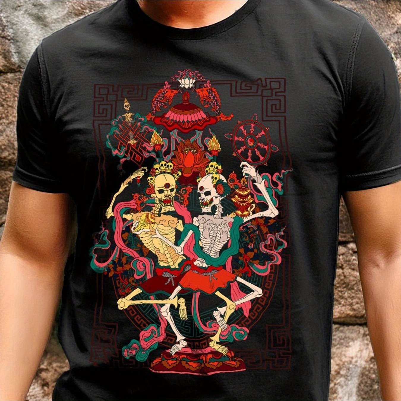 Men's Vintage Tibetan Citipati Buddhist Dancing Skeletons Graphic T-Shirt - Soft Breathable Cotton Unisex Streetwear Tee with Vibrant Red & Green Artwork, Regular Fit Casual Casual Attire, Allseason Apparel | Bold Graphic Shi