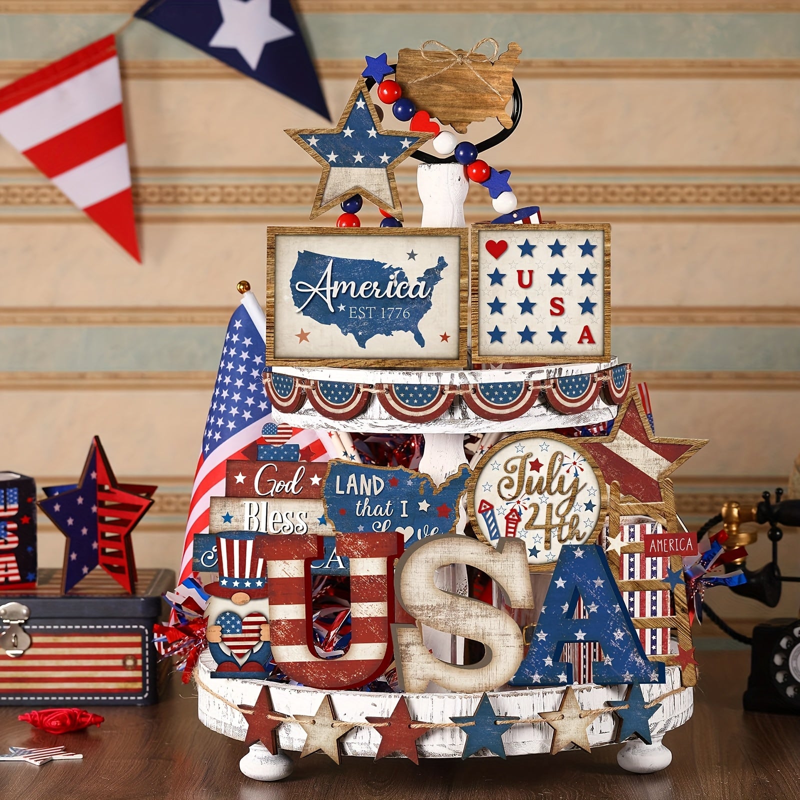 4th Of July Party Table Centerpiece, American Flag Star Wooden Sign Home Decor, Spring Patriotic Tiered Tray Decorations Set, Red White Blue Rustic Farmhouse Wooden Sign, Memorial Independence Day Table Decorations for Home,
