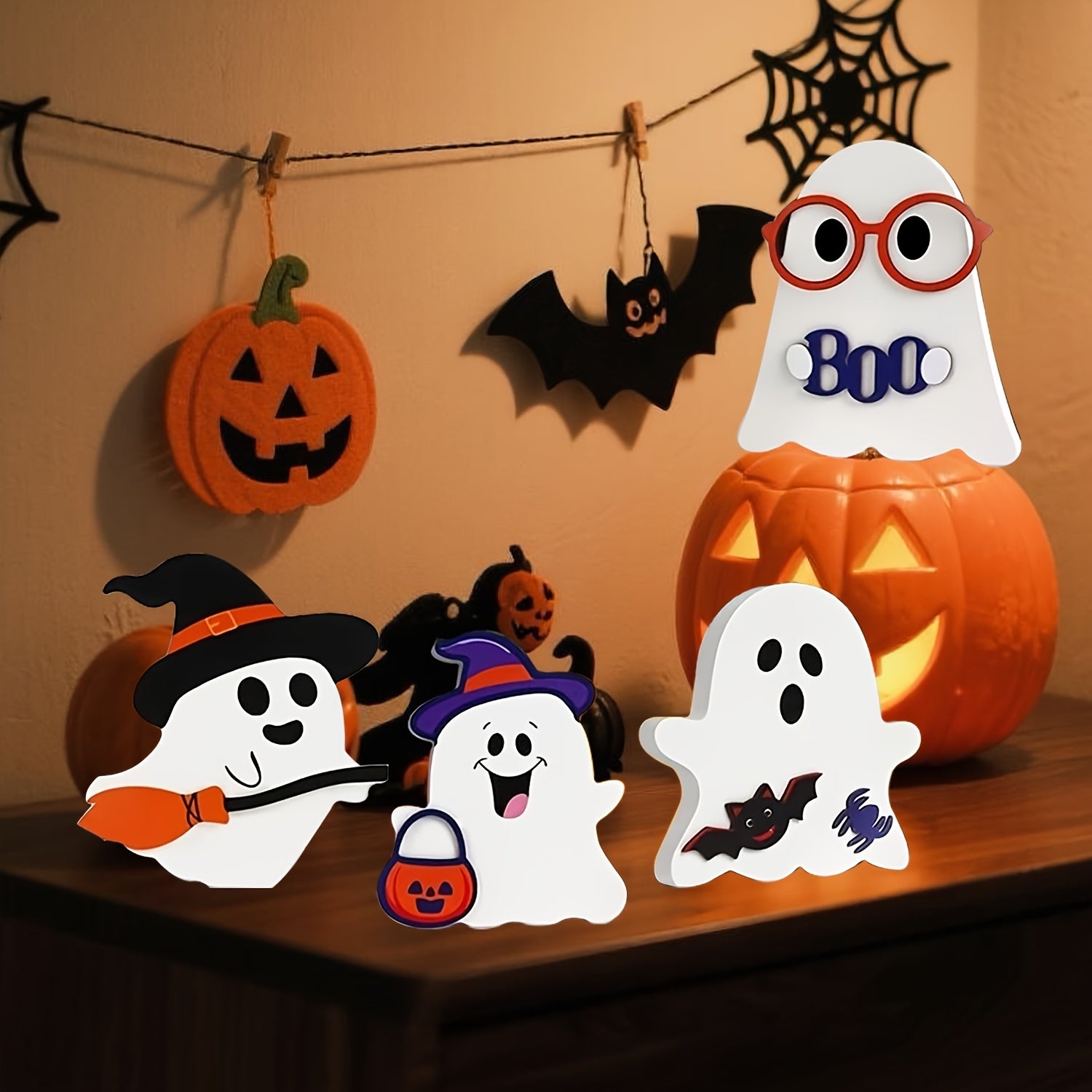 Cute Halloween Decorations Indoor - Halloween Decor/ Decor, 4pcs Wooden Halloween Signs for Table, Office Desk, Tiered Tray, Fireplace Mantle - Spooky Halloween Decorations