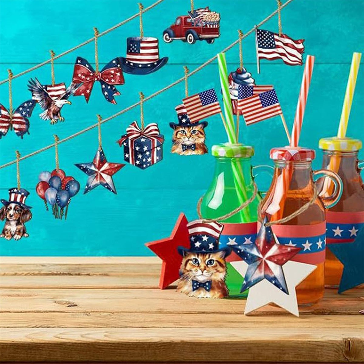 Patriotic Wooden Hanging Ornaments - Red, White & Blue American Flag Decorations for 4th of July, Memorial Day, and Independence Day Celebrations