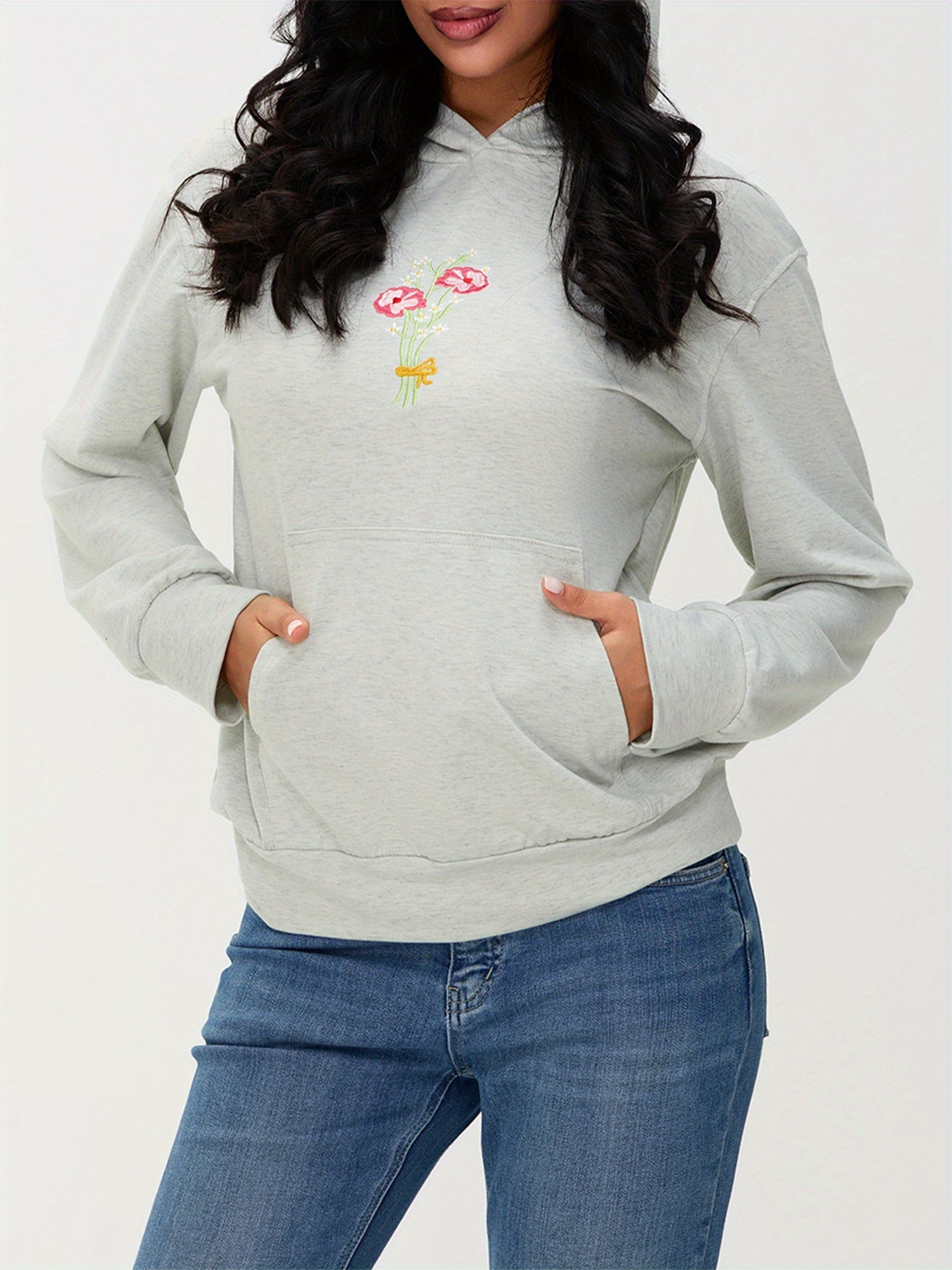 Womens Fashion Hoodies Long Sleeve Floral Letter Embroidery Loose Sweatshirts Streetwear Tops