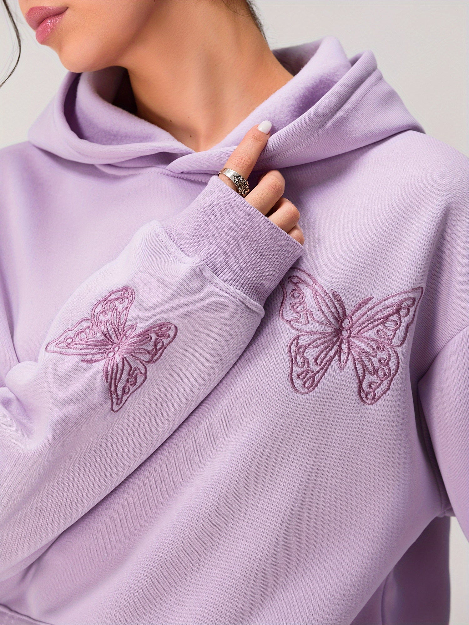 Women'S Spring Autumn Hooded Sweatshirt Long Sleeve Letter Butterfly Embroidery Hoodie