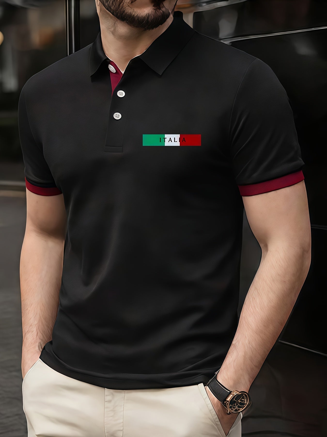 ITALIA Pattern Print, Short Sleeve Golf Shirt Suitable for Business and Leisure Occasions, Men's Clothing, Slim Fit Short Sleeve Golf Shirt as a Gift