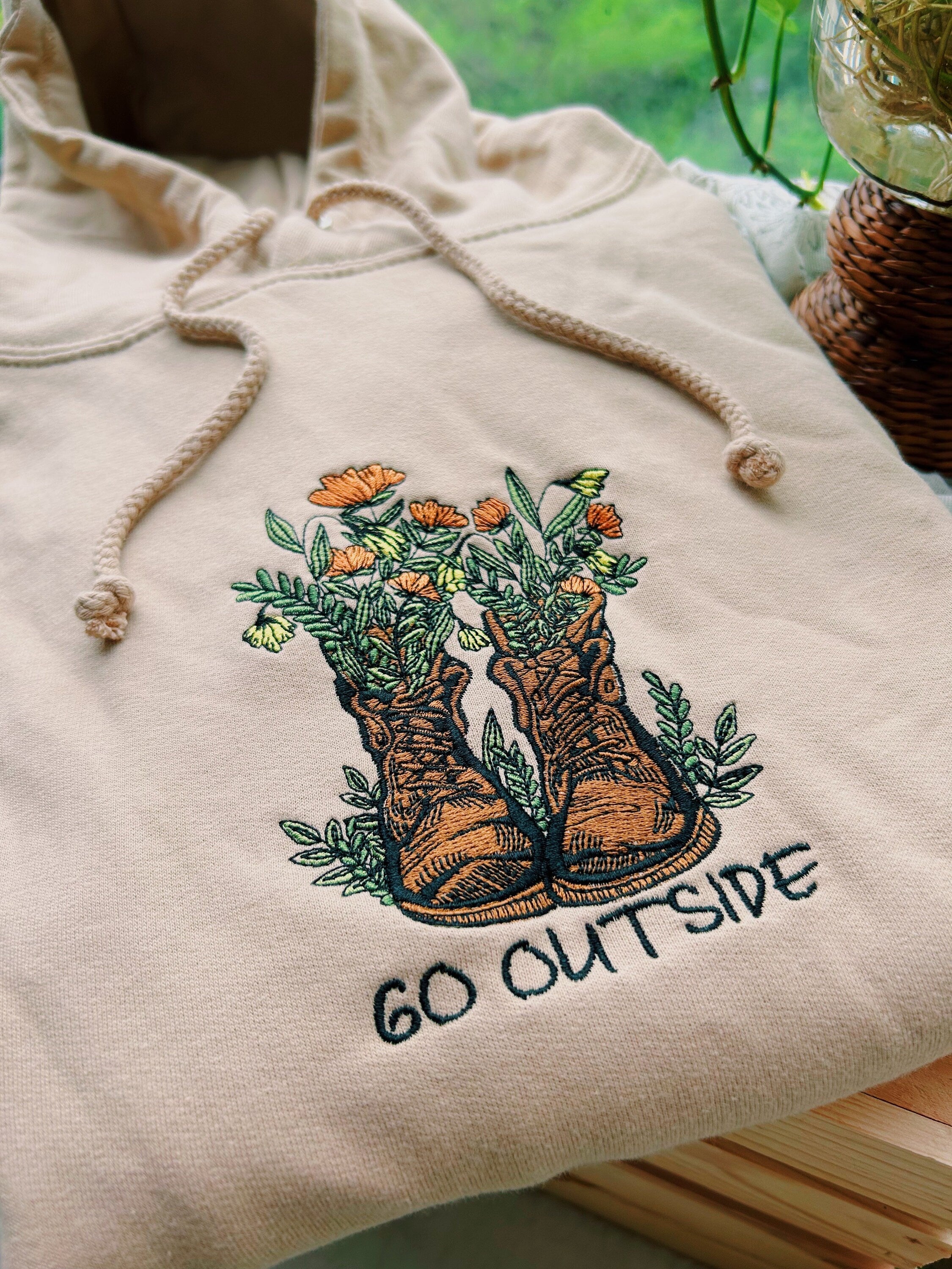 Tan Go Outside Embroidered Hoodie - Unisex Mushroom Floral Fleece Pullover - Hiking Granola - Gifts for Her/ for Him - Cottagecore - Indie