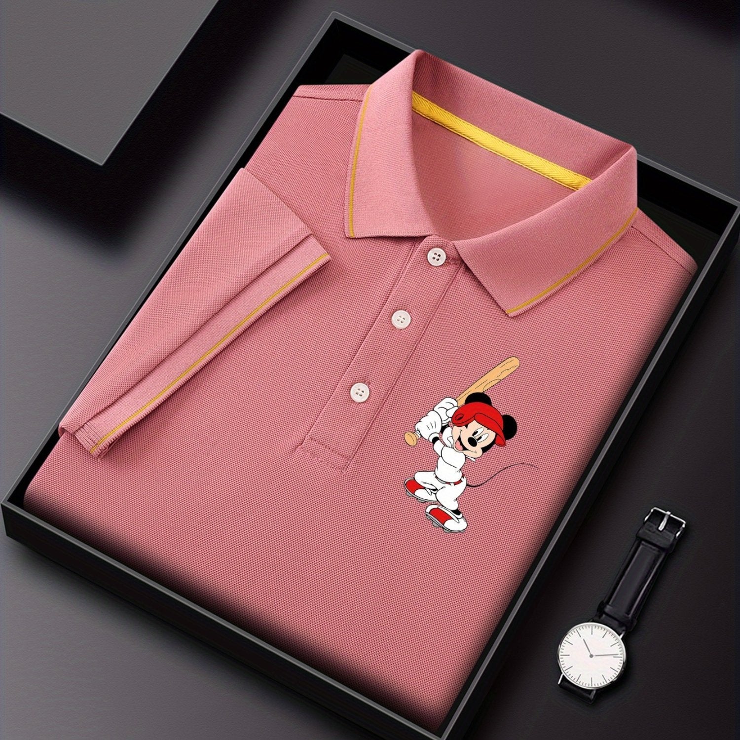 Disney Men'S Classic POLO Shirt, Mickey Batting Baseball Print, Premium Casual Business Casual, Short Sleeve Collar Polo Shirt, Lightweight Polyester, Quick Drying and Breathable Comes in a Display Gift Box Great for Husbands