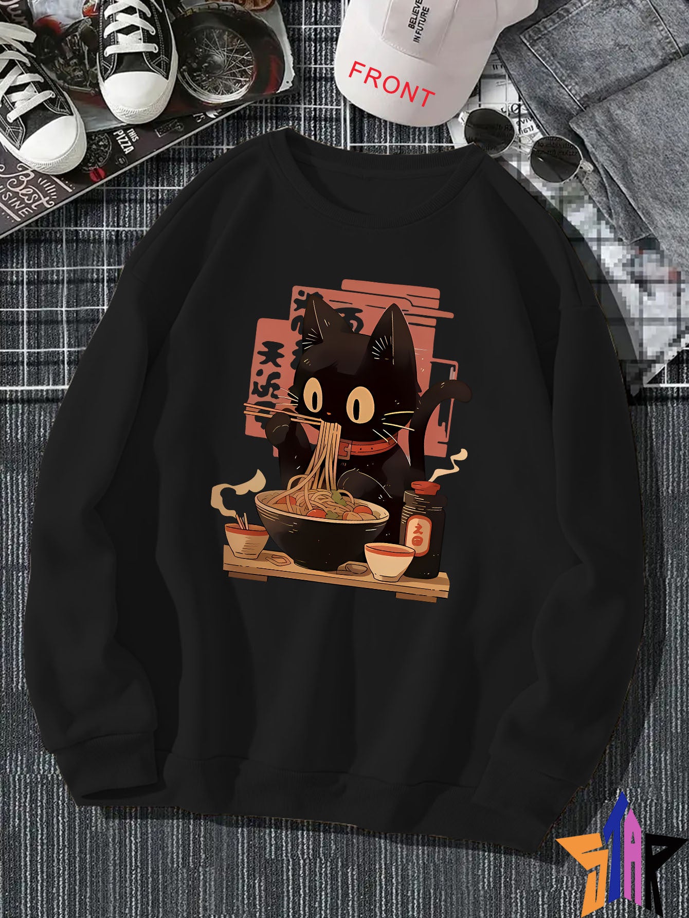 Anime style, animal, cat, ramen, pattern print, men's fashion trend top, autumn and winter leisure outdoor crewneck pullover soft breathable sweatshirt, men's and women's daily commute comfortable long sleeve hoodie