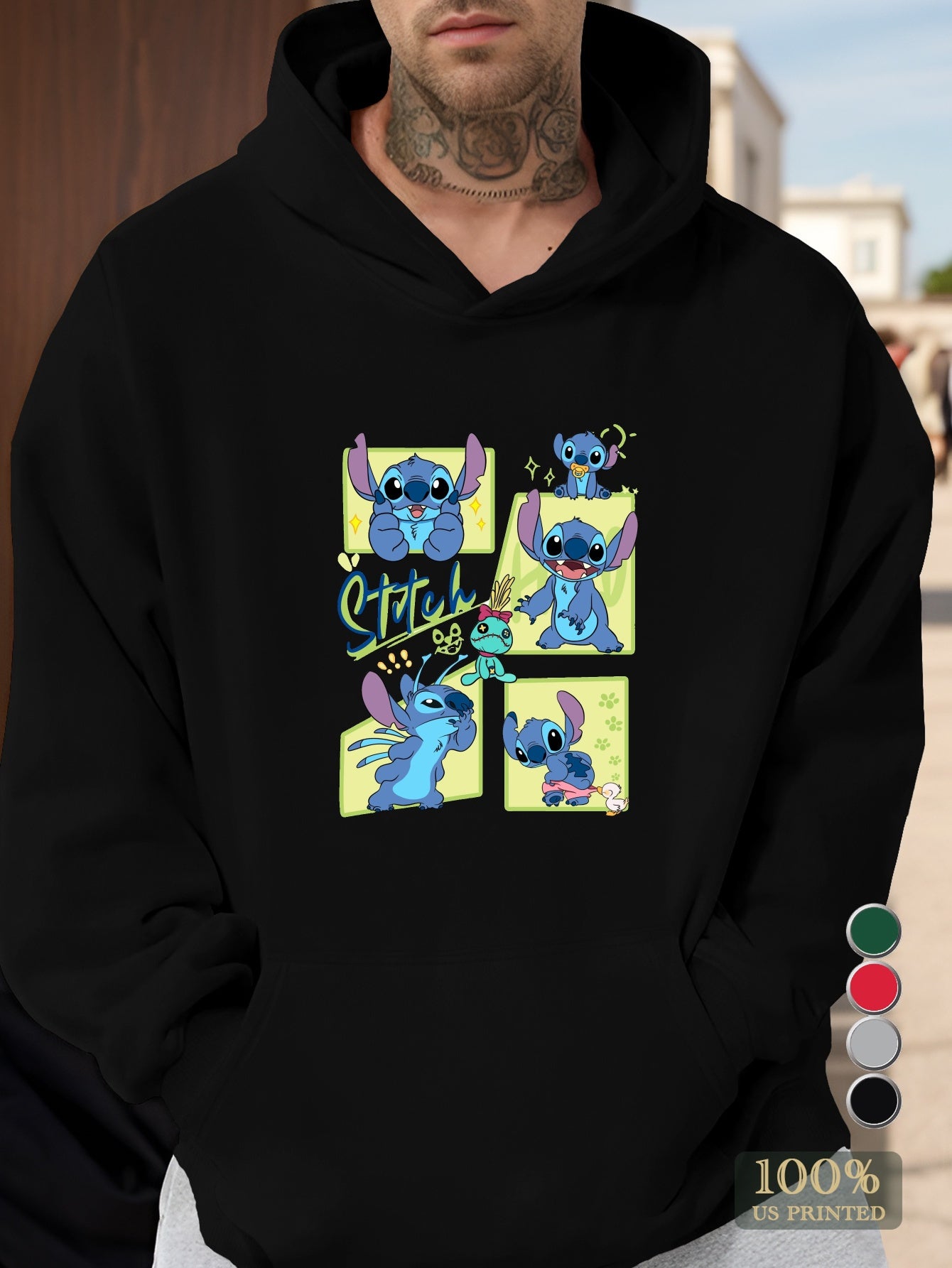 Men'S Stitch Cartoon Character Hoodie - Gray Casual Pullover with Front Pocket, Loose Fit, Long Sleeve, Non-Stretch Fabric for Fall/Winter, Cute Hoodies
