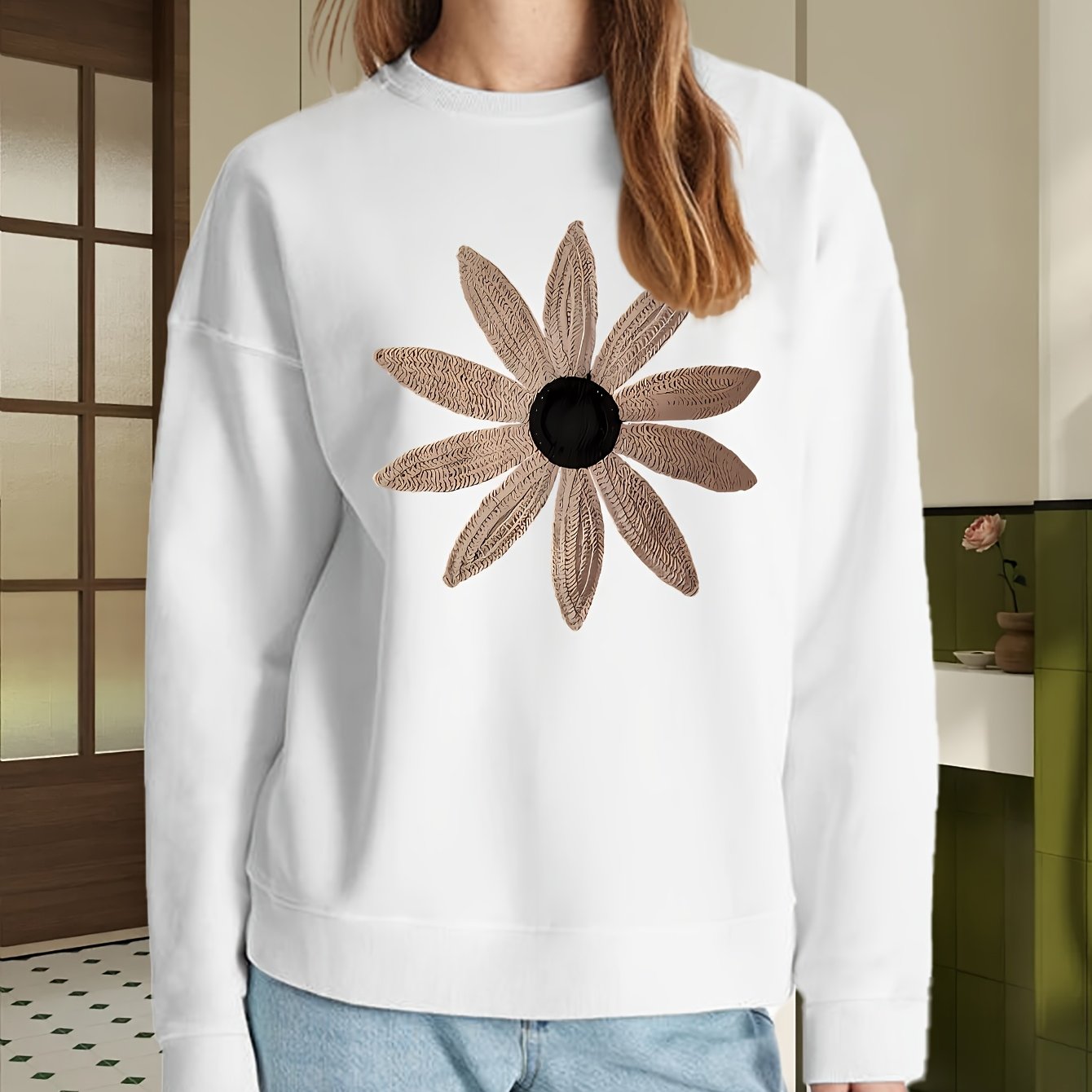 Women's Flower Embroidery Crew - Neck Long - Sleeve Casual Loose Crew - Neck Sweatshirt, Machine - Washable Embroidery Pattern Comfortable Women's Crew - Neck Sweatshirt, The Most Stylish And Comfortable Gift for Female Frien