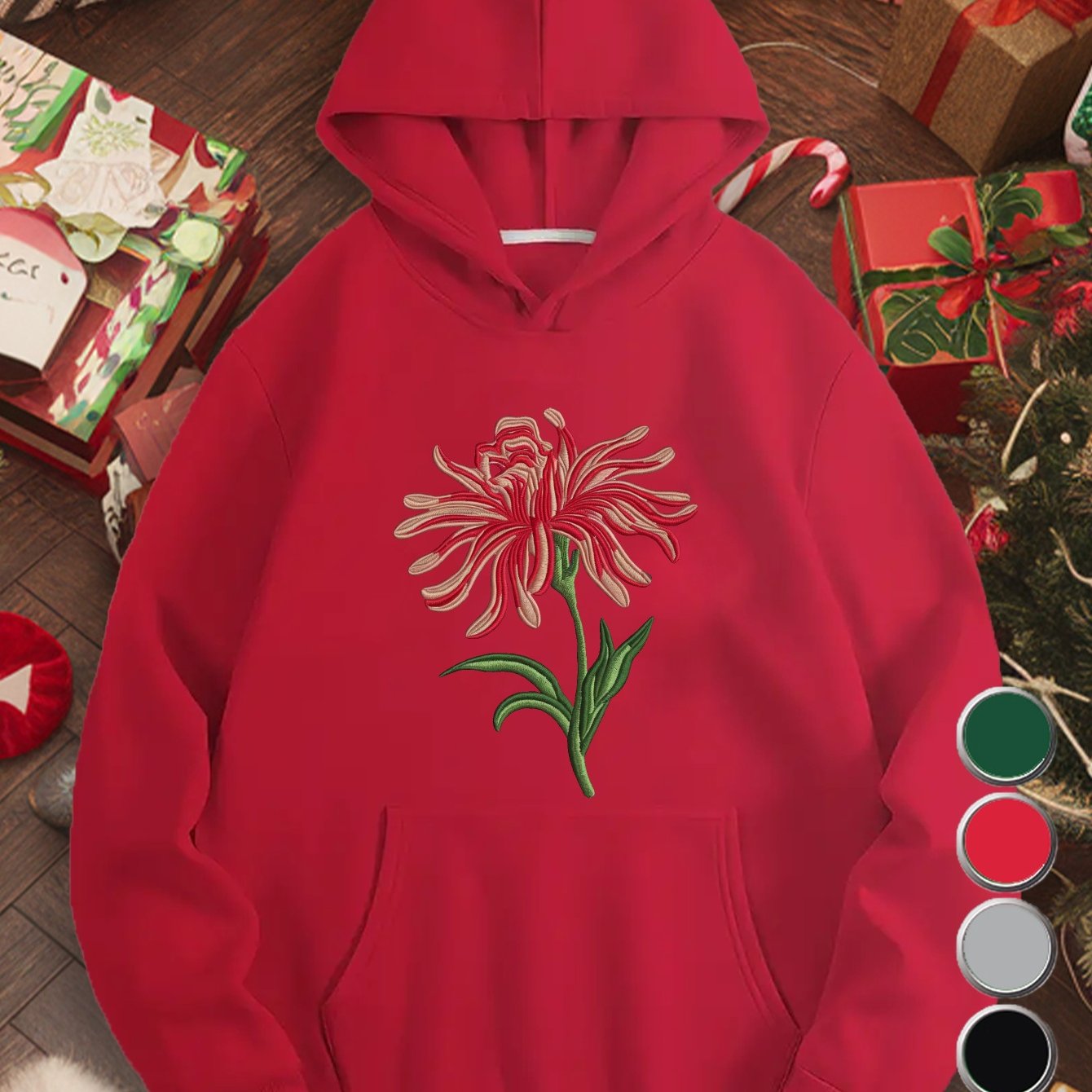 Red flower embroidery design Women's plus size hoodies