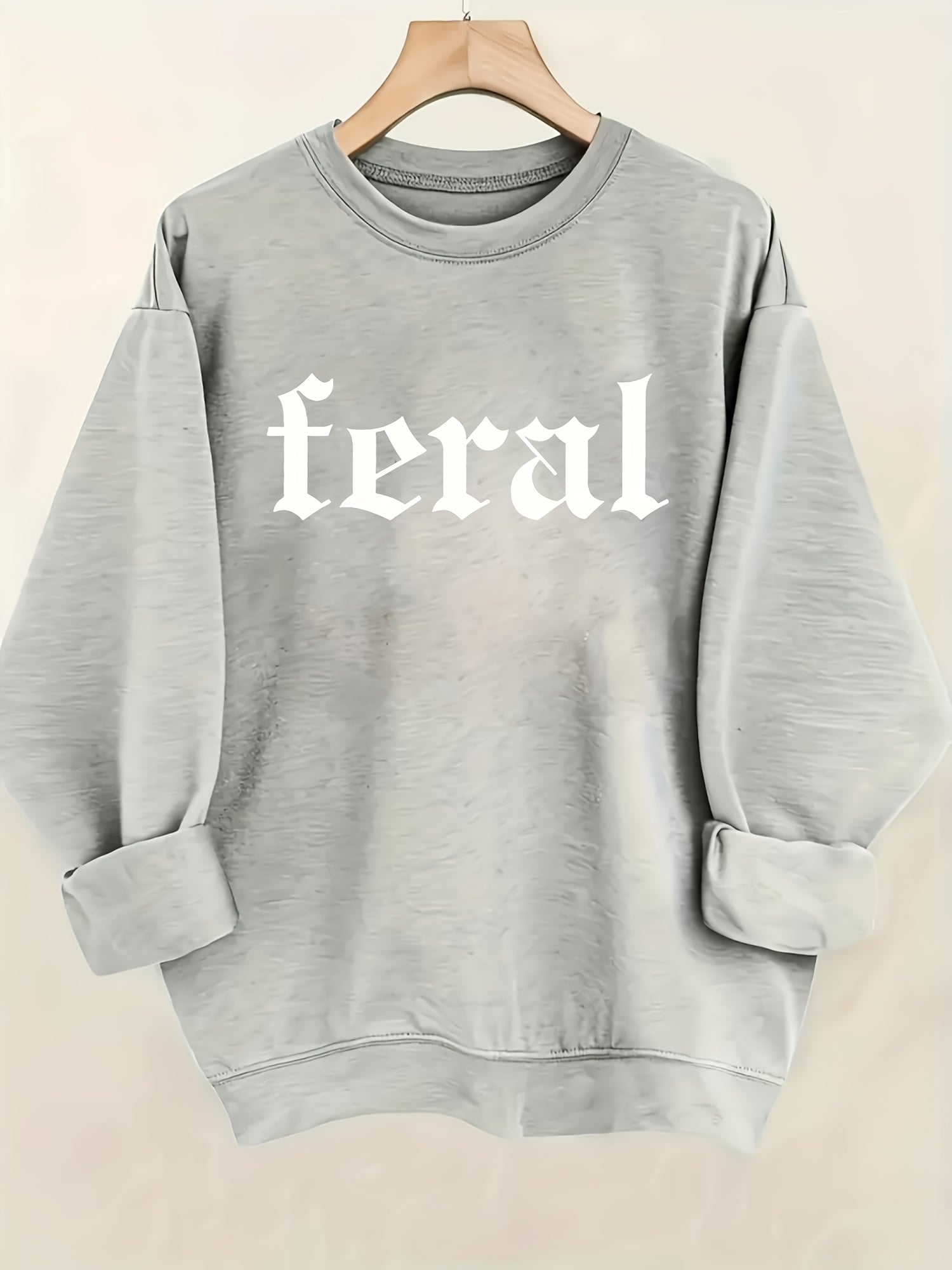 Women's Black Feral Print Pullover Sweatshirt - Soft Casual Long Sleeve Crew Neck with Bold White Lettering - Machine Washable All-Season Comfort, Cute Sweatshirts, Everyday Comfort, Modern Sweatshirt, Durable Comfort, Weeken