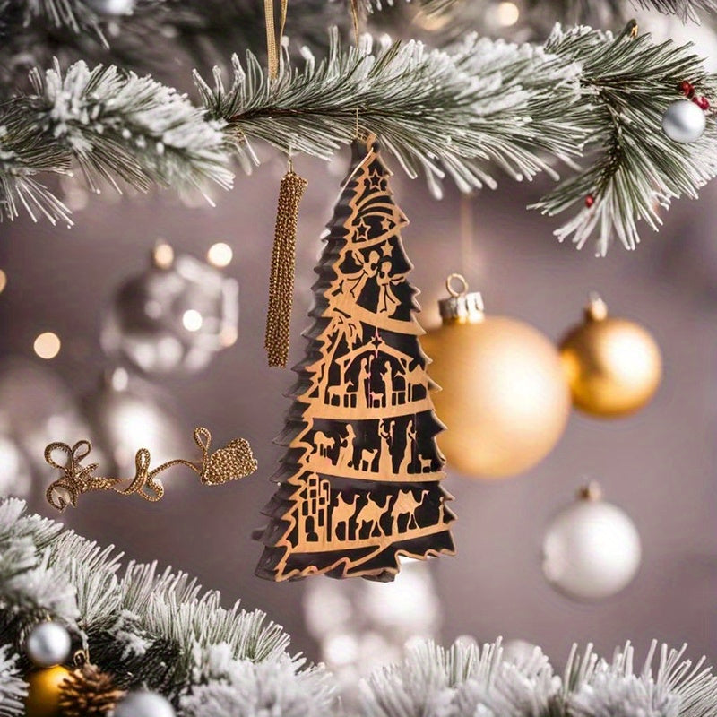 Christmas Olive Wood 5Pcs Nativity Scene Ornament - Carved into Tree Shape, Holy Land Wooden Hanging Decoration for Room, Home, Thanksgiving Party, Nativity Gifts