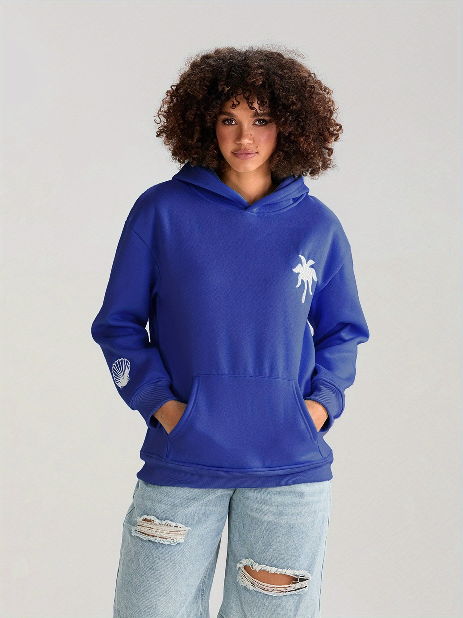 Womens Beach Hoodies Long Sleeve Flower Embroidery Oversized Sweatshirts Streetwear Tops
