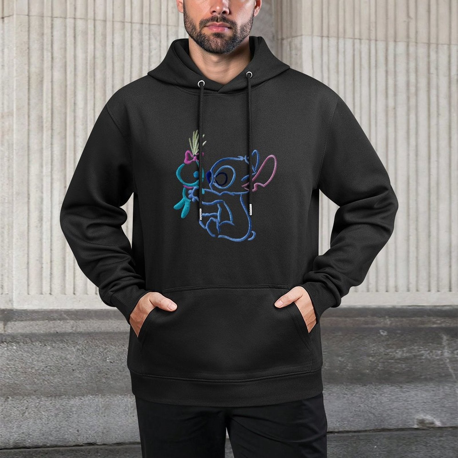 Disney Men's Black Retro Pullover Hoodie with Stitch & Angel Embroidery Art & Disney Friends Digital Print, Soft Regular Fit Casual Sweatshirt, Machine Washable, Front Pockets, Disney Hoodie, Durable Fabric