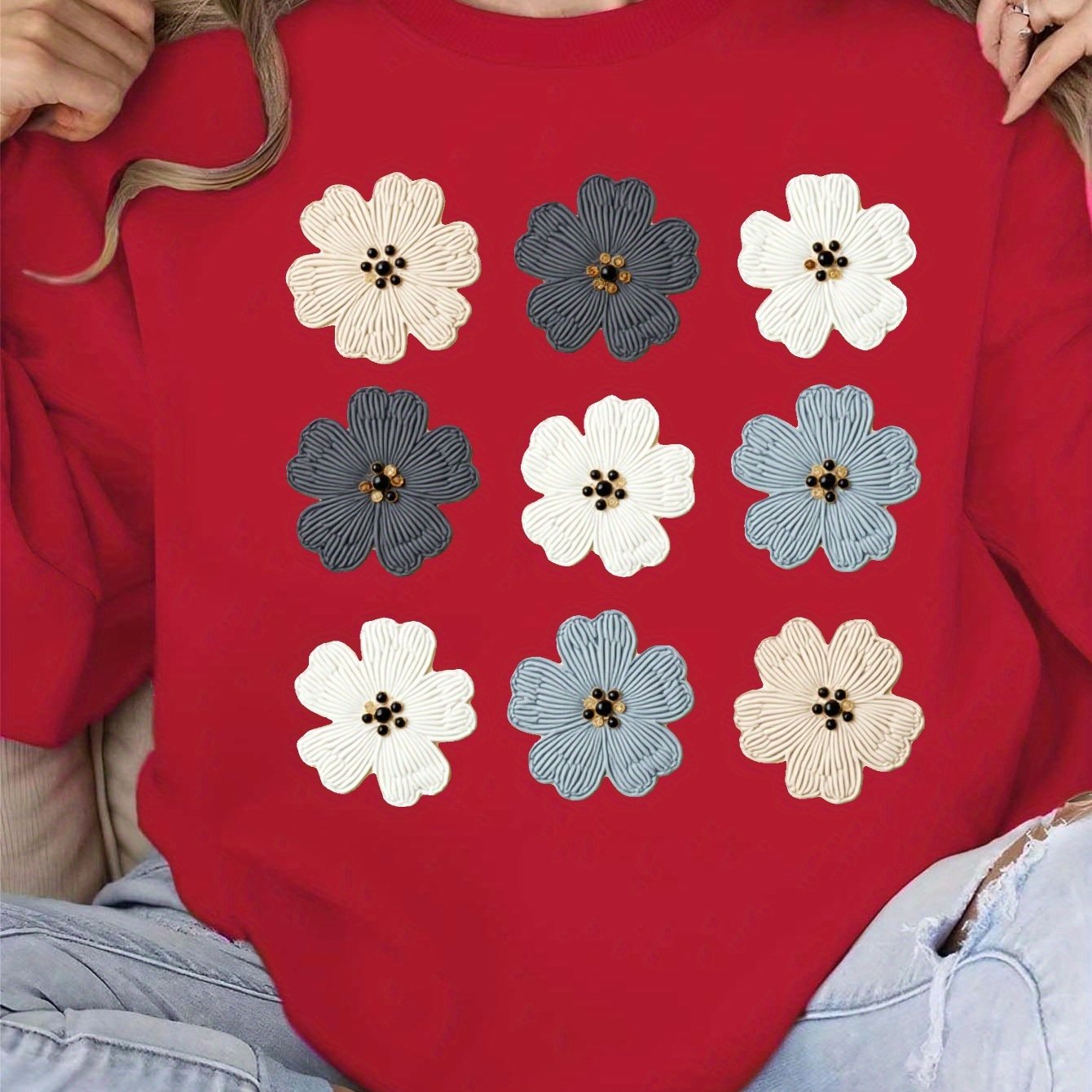 Women's Cozy Pink Floral Embroidered Sweatshirt with Bead Details - Soft Long Sleeve Pullover for Fall/Winter, Casual Round Neck Design, Machine Washable
