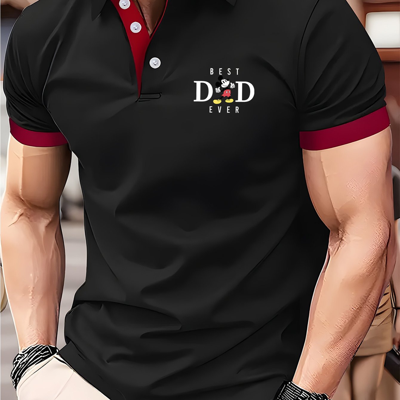 Disney BEST DAD EVER Mickey Theme Print Shirt - Lightweight Quick-Dry Breathable Polyester, Color Blocked Collar & Sleeve Trim, Unisex Golf & Tennis Shirt for Summer, Perfect Father's Day Gift