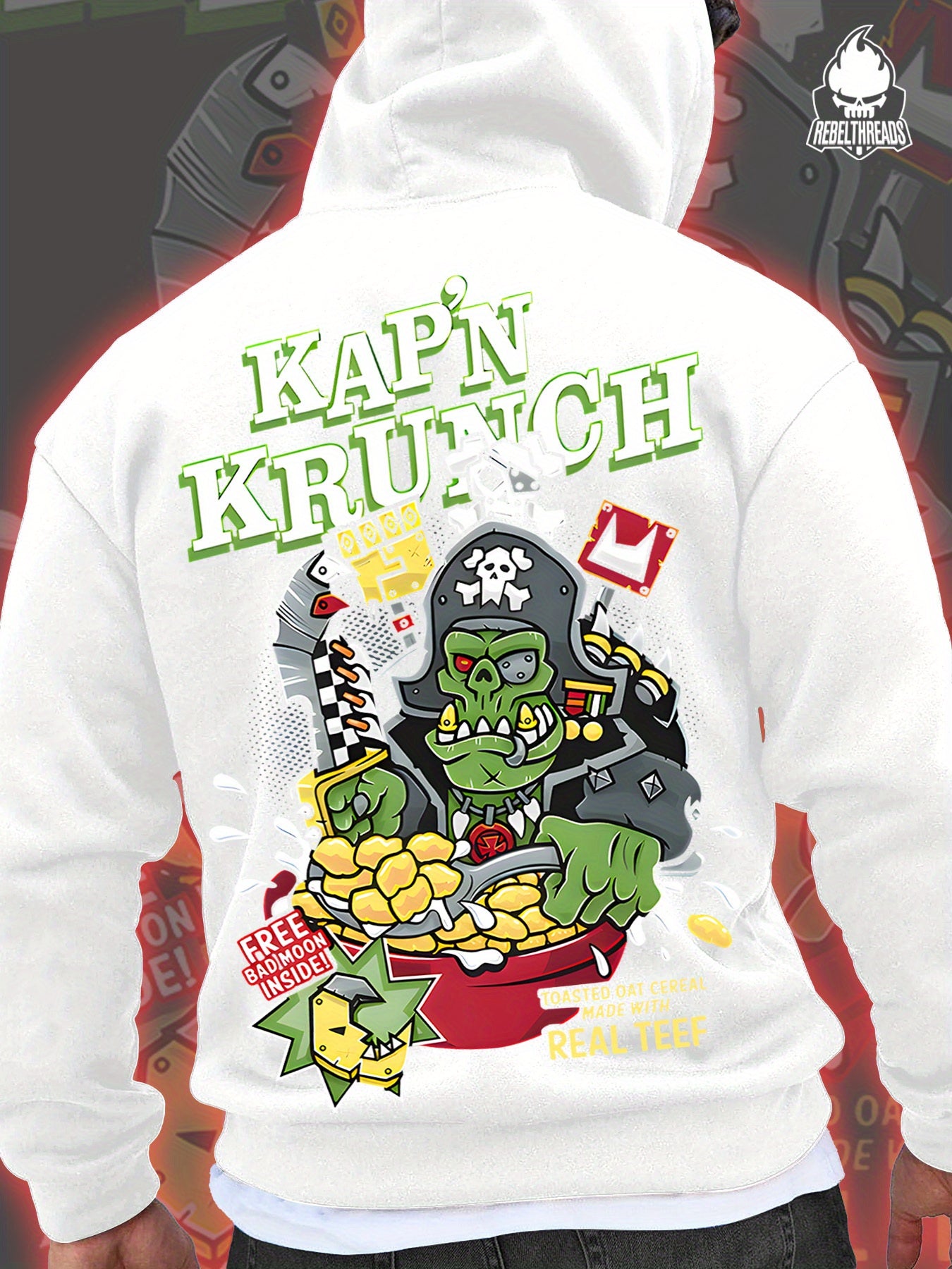 Street Cool KAP'N KRUNCH Pirate Oatmeal 270G Men'S Autumn And Winter Fleece Hoodie with Personalized Trendy Hip-Hop Streetwear And Kangaroo Pocket As a Gift Suitable for Individuals with Personality And Street Culture