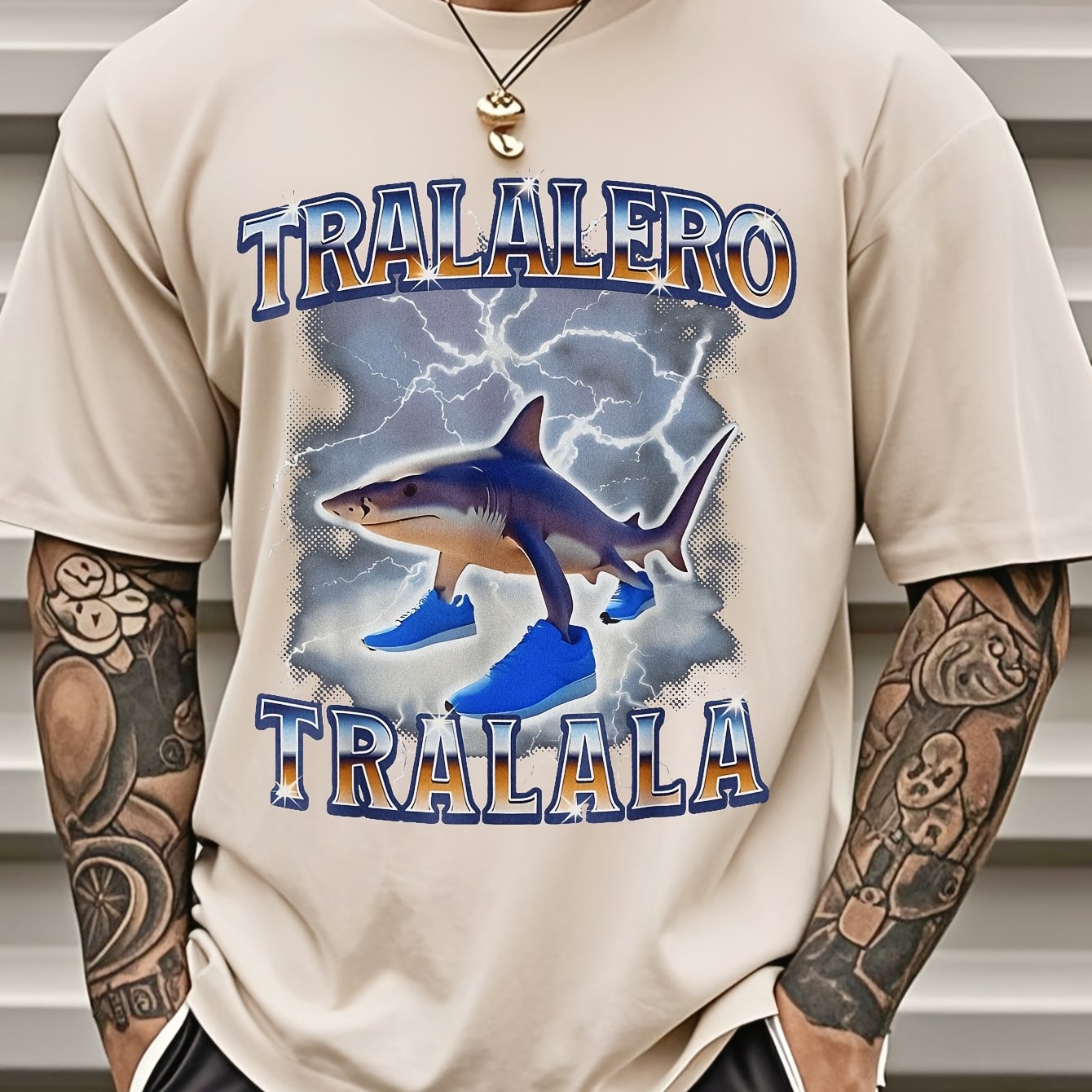 Tralalero Men's Shark Lightning Graphic T-Shirt - Bold TRAALERO TRAALALA Design, Vibrant Blue Casual Streetwear, Regular Fit Short Sleeve Tee for Music Festivals, Concerts & Beach Days, Concert Attire, Festival Clothing, Digi