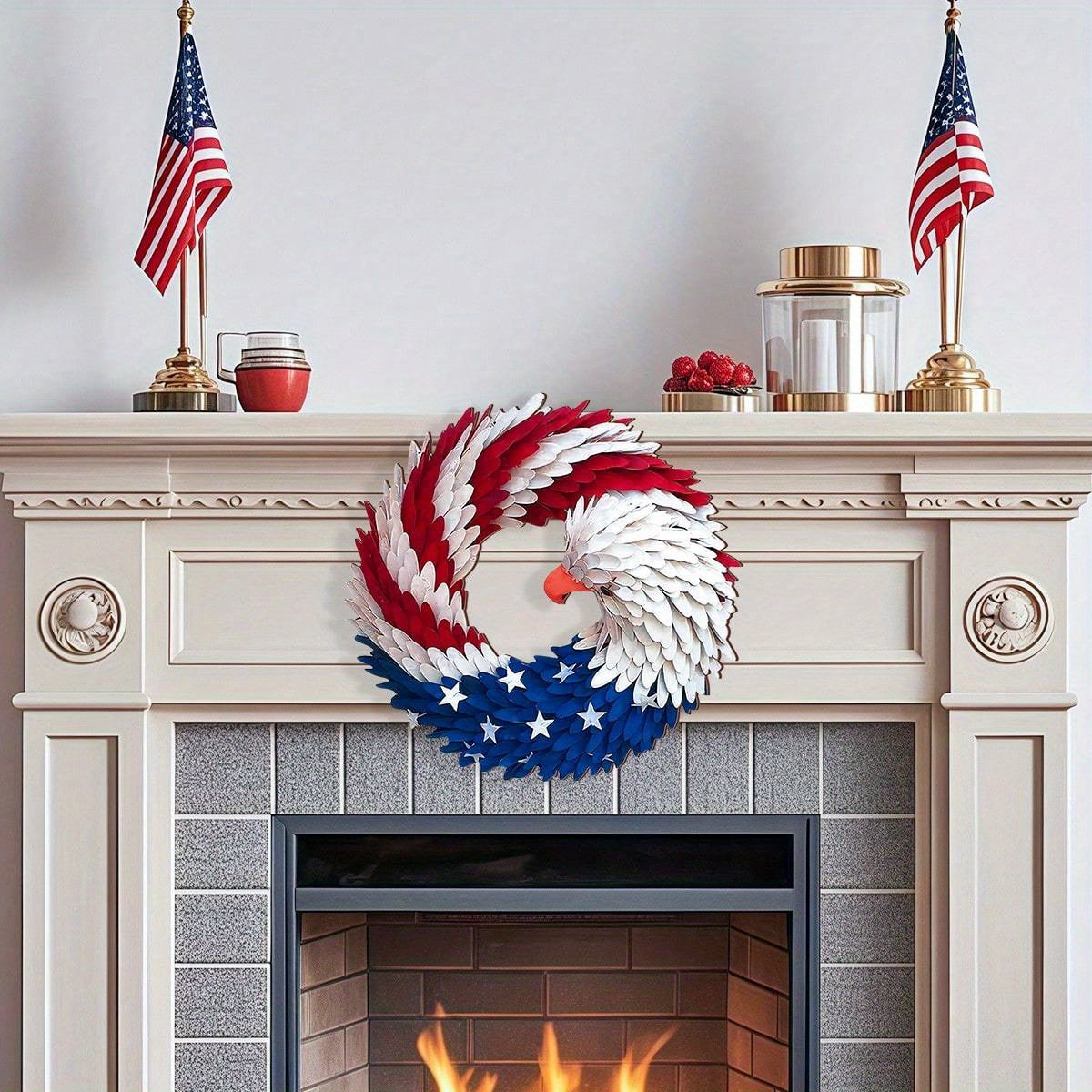 2D Wooden Eagle Wreath for Front Door - Patriotic Stars & Stripes Design, Weatherproof Outdoor/Indoor Decoration, 4th of July Independence Day Decor, No Electricity Needed, Durable Plastic & Fabric Craft