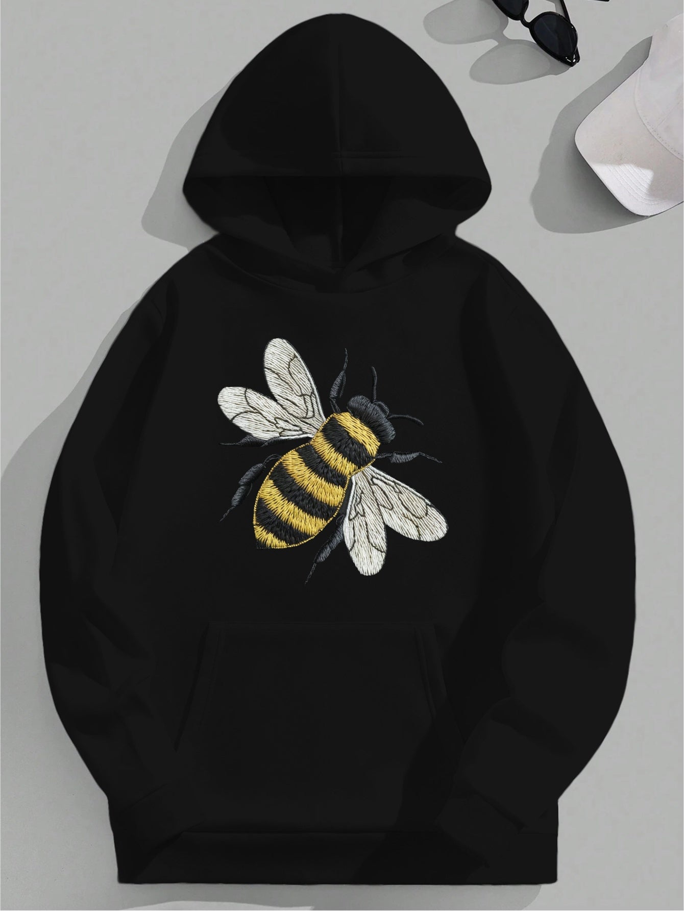 Women's Black Hoodie with Embroidered Bee Design - Cozy Long Sleeve Knit Sweatshirt, Polyester Blend, Front Pocket, Fall/Winter Casual Wear, Fall Casual Clothing | Hooded Sweatshirt | Knit Texture Hoodie, Sweater Hoodie