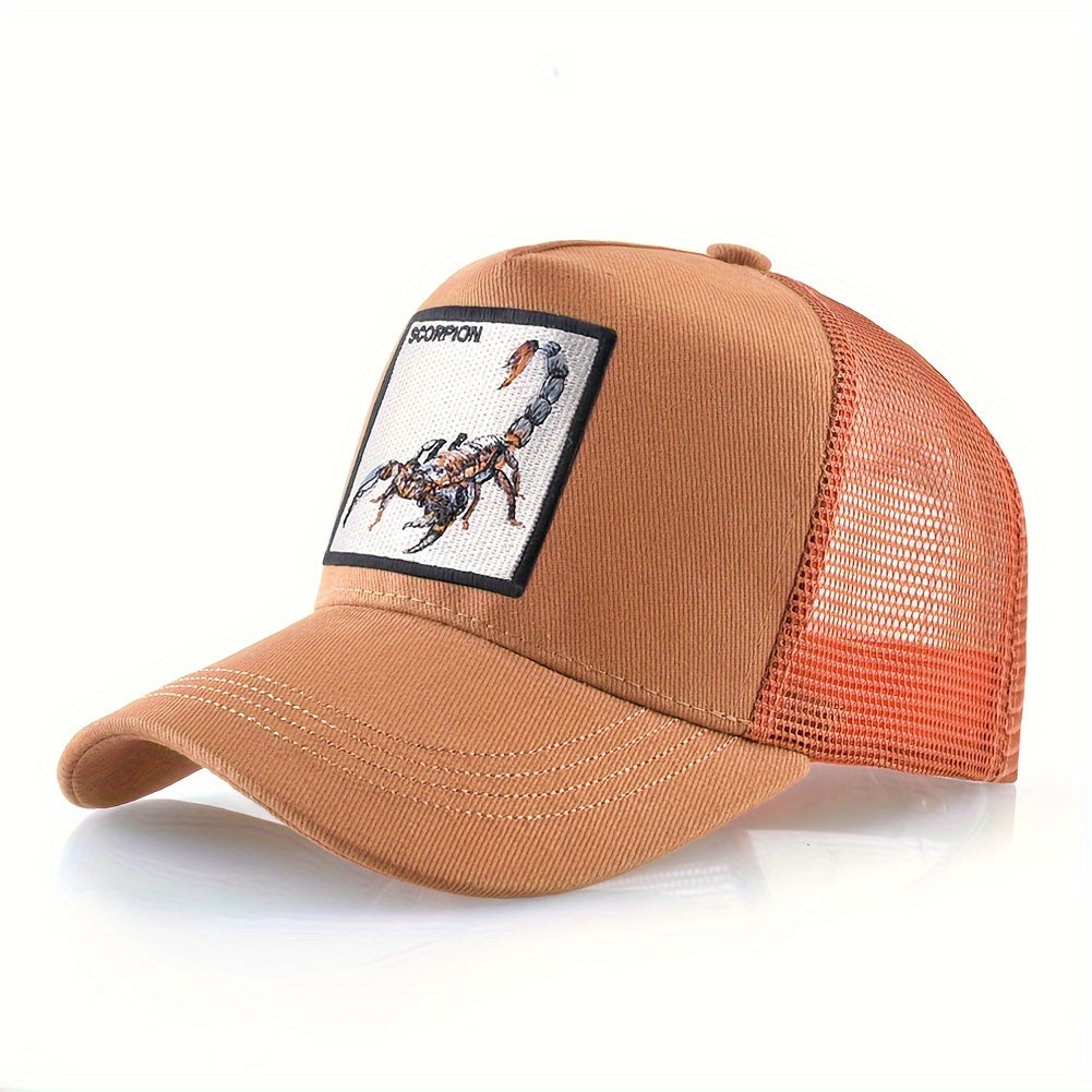 Unisex Embroidered Scorpion Baseball Cap - Breathable Mesh Trucker Hat for Outdoor Sports & Hip-Hop Style, Summer Casual Wear, Black & Beige Design with Bold