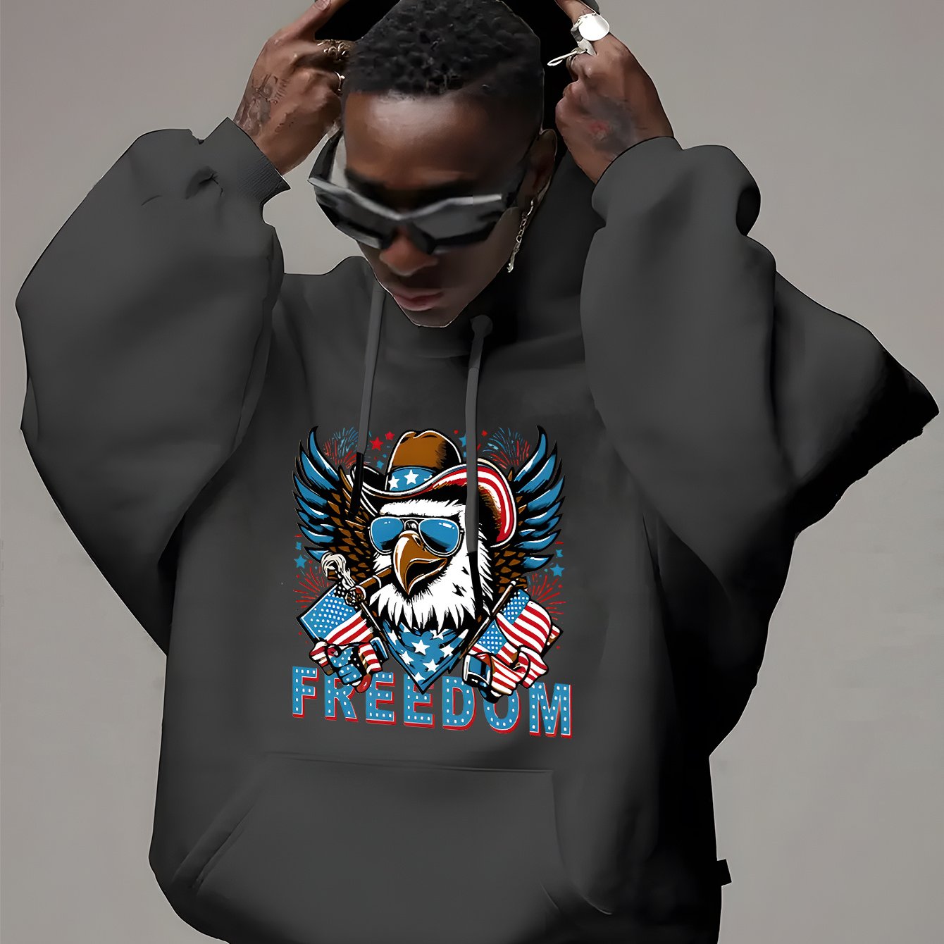 FREEDOM Printed Hooded Sweatshirt with Kangaroo Pocket And Plush Casual Long Sleeved Hooded Sweatshirt, Suitable for Outdoor Use