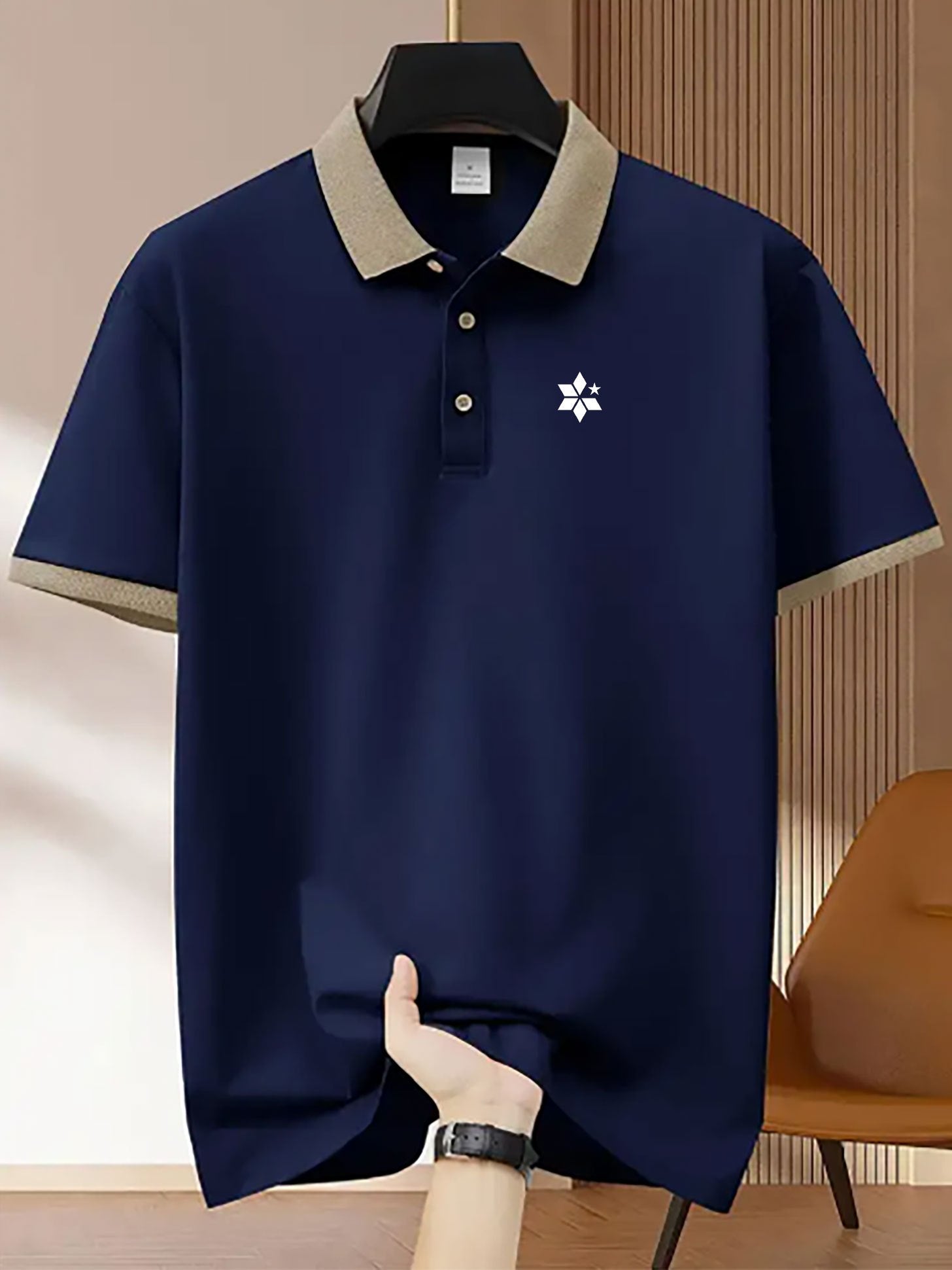 Men's Breathable Stretch Shirt - Summer Short Sleeve Button- Collar with Geometric Print, Black & Beige Contrast Trim, Regular Fit for Golf, Tennis, Business Casual & Outdoor Activities, Golf Shirt, Active Lifestyle, Modern D