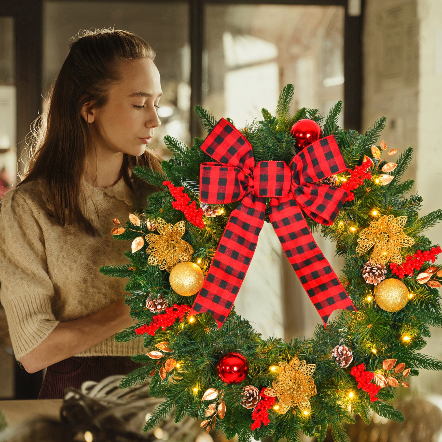 28inch 8 Modes Extra Large Pre-lit Christmas Wreath Artificial Deluxe Lighted Christmas Wreath Decorations Ornament with LED Lights Door Window Fireplace Decor Timer Function