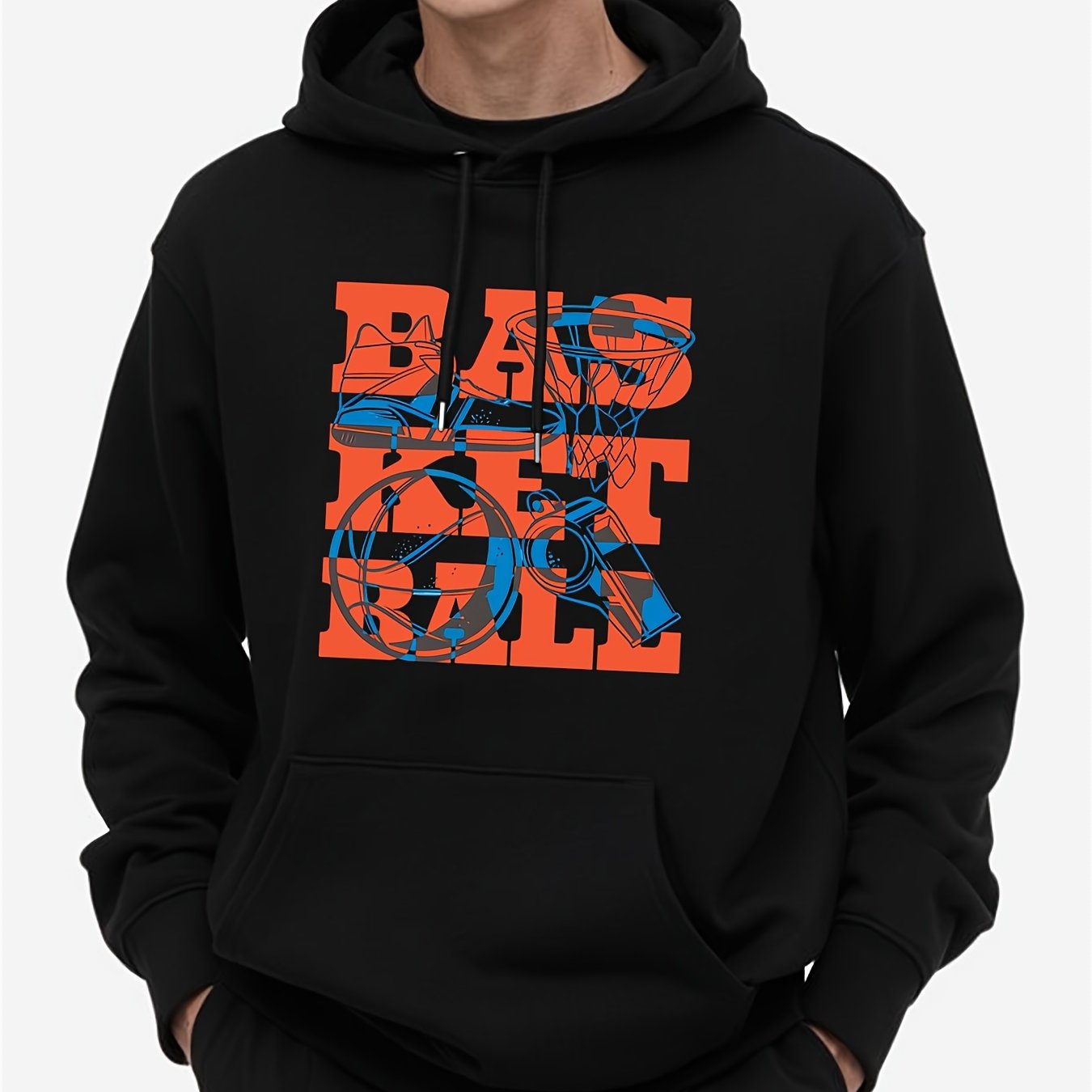 Basketball Pattern, Men'S Trendy Comfy Hoodie, Casual Slightly Stretch Breathable Hooded Sweatshirt For Outdoor