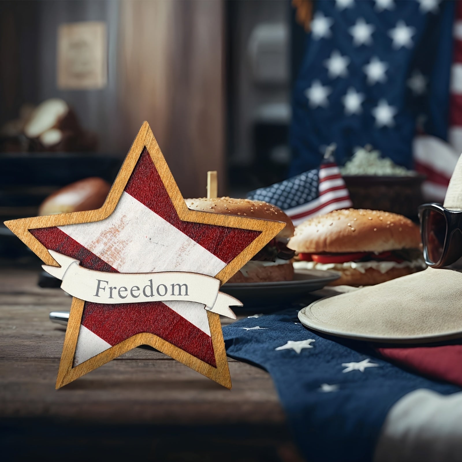 Patriotic American Flag Star Table Decorations - Artificial Wood Cascading Tray Signs with Liberty & Freedom Inscriptions, Red White Blue Independence Day Memorial Day Home Office Party Centerpieces, No Electricity Needed, In