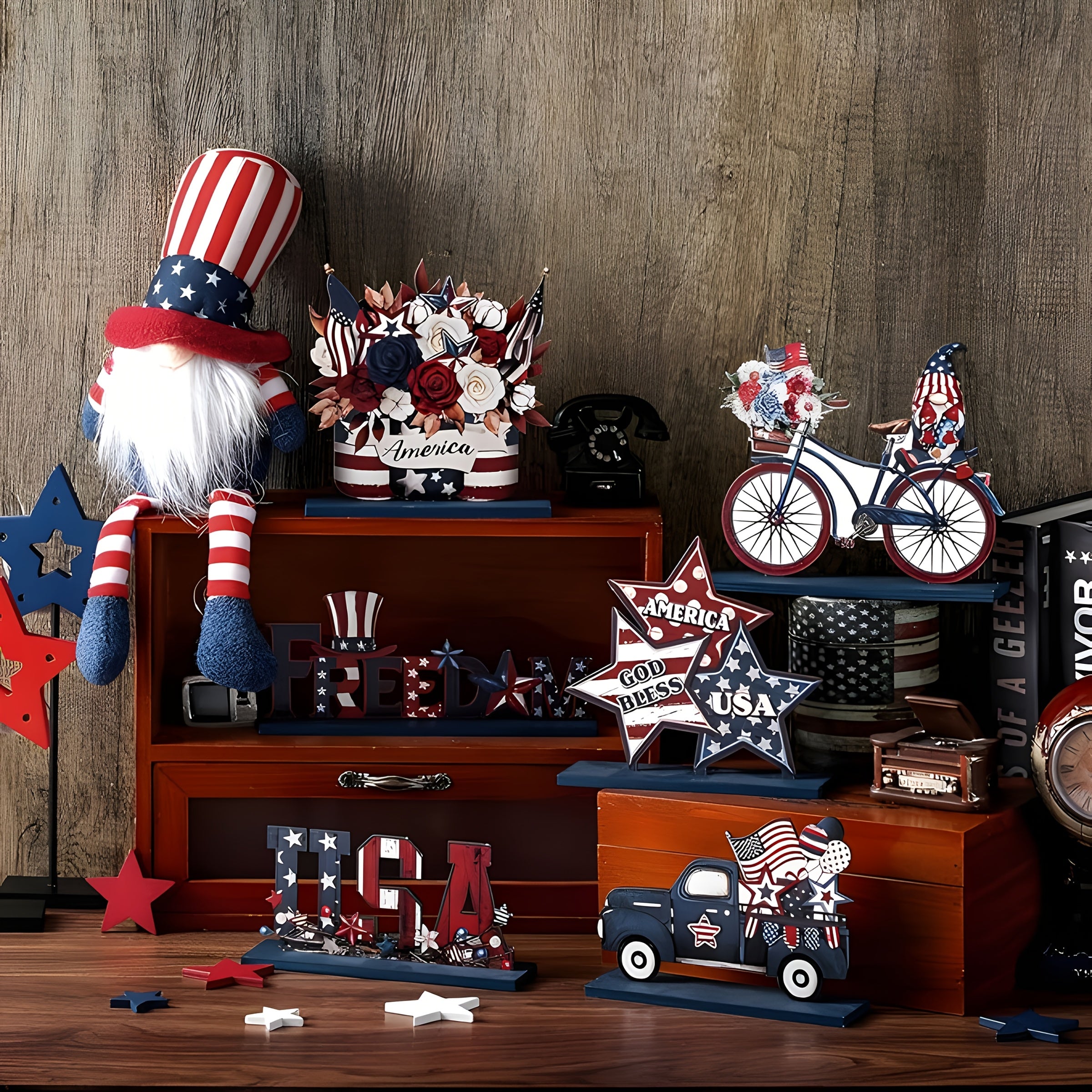 2D Flat Collectible Vehicles 6pcs Patriotic Wooden Tabletop Decorations, American Flag-Themed 2D Flat Wood Crafts, Non-Electric, Battery-Free, for Home, Kitchen, Bookshelf, Dining Table Display, Farmhouse Decor, 2D Flat