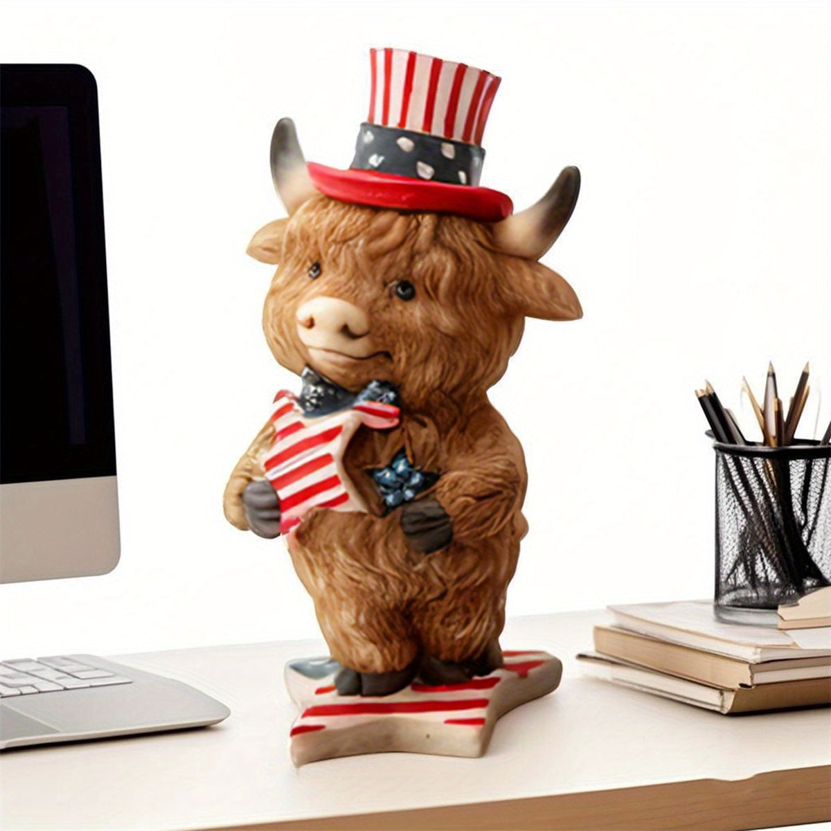 Mother'S Day Independence Day Birthday Gift New Casual, Elegant And Fashionable Patriotic Highland Cow Statue Cute Resin Animal Statue Independence Day Indoor And Outdoor Garden Decoration