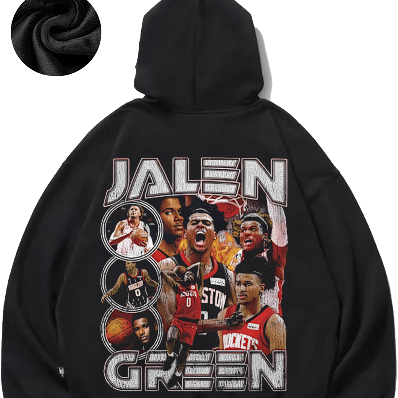 Men's Jalen Green Basketball-Themed Hoodie - Cozy Fleece Pullover with Player Silhouettes, Casual Style for Fall/Winter, Black/Grey