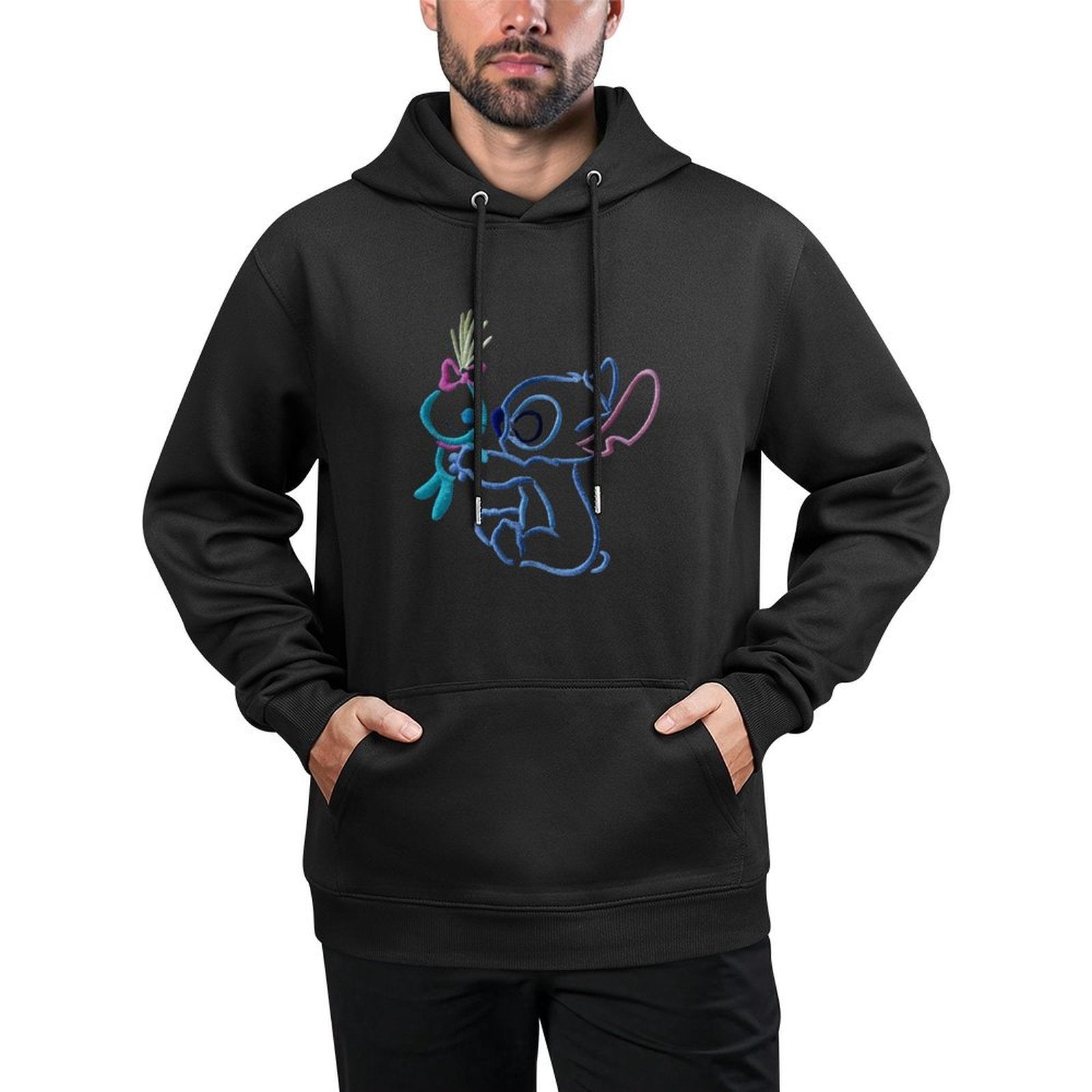 Disney Men's Black Retro Pullover Hoodie with Stitch & Angel Embroidery Art & Disney Friends Digital Print, Soft Regular Fit Casual Sweatshirt, Machine Washable, Front Pockets, Disney Hoodie, Durable Fabric