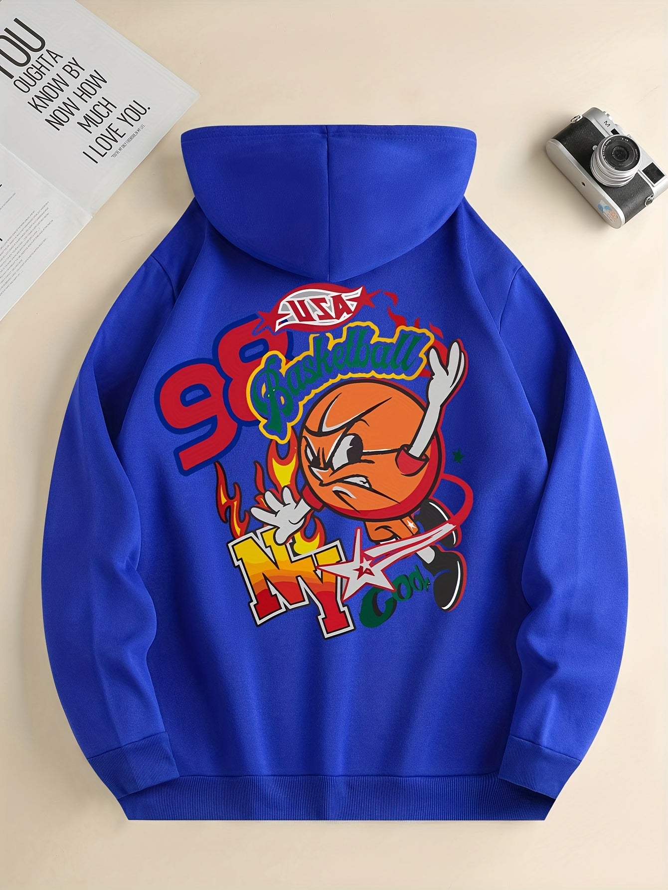 Men'S Trendy Hoodie with Basketball Print - Casual Drawstring Pullover with Kangaroo Pocket, Polyester & Spandex Blend, Machine Washable