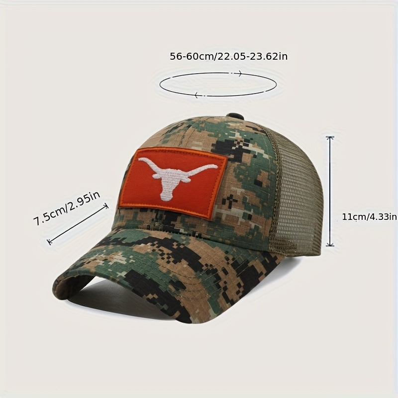 Camouflage Casual Baseball Cap, with 3 Replaceable Embroidered Patches, Eagle, Longhorn, National Flag, Outdoor Enthusiasts, Casual Wear, Essential for Sports, Suitable for Men and Women