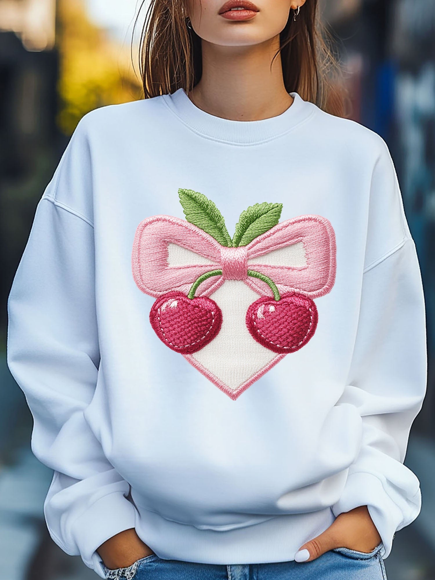 Women's Cherry Love Heart Bow Embroider Print Sweatshirt Pullover - Fall Loose Fit Long Sleeve Crew Neck Casual Comfy Cotton Knit Top with Floral Print, Machine Washable, Cute Style for Autumn/Winter